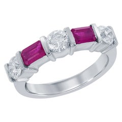 0.70 Carat Emerald Cut Ruby and Diamond Band in 14K White Gold