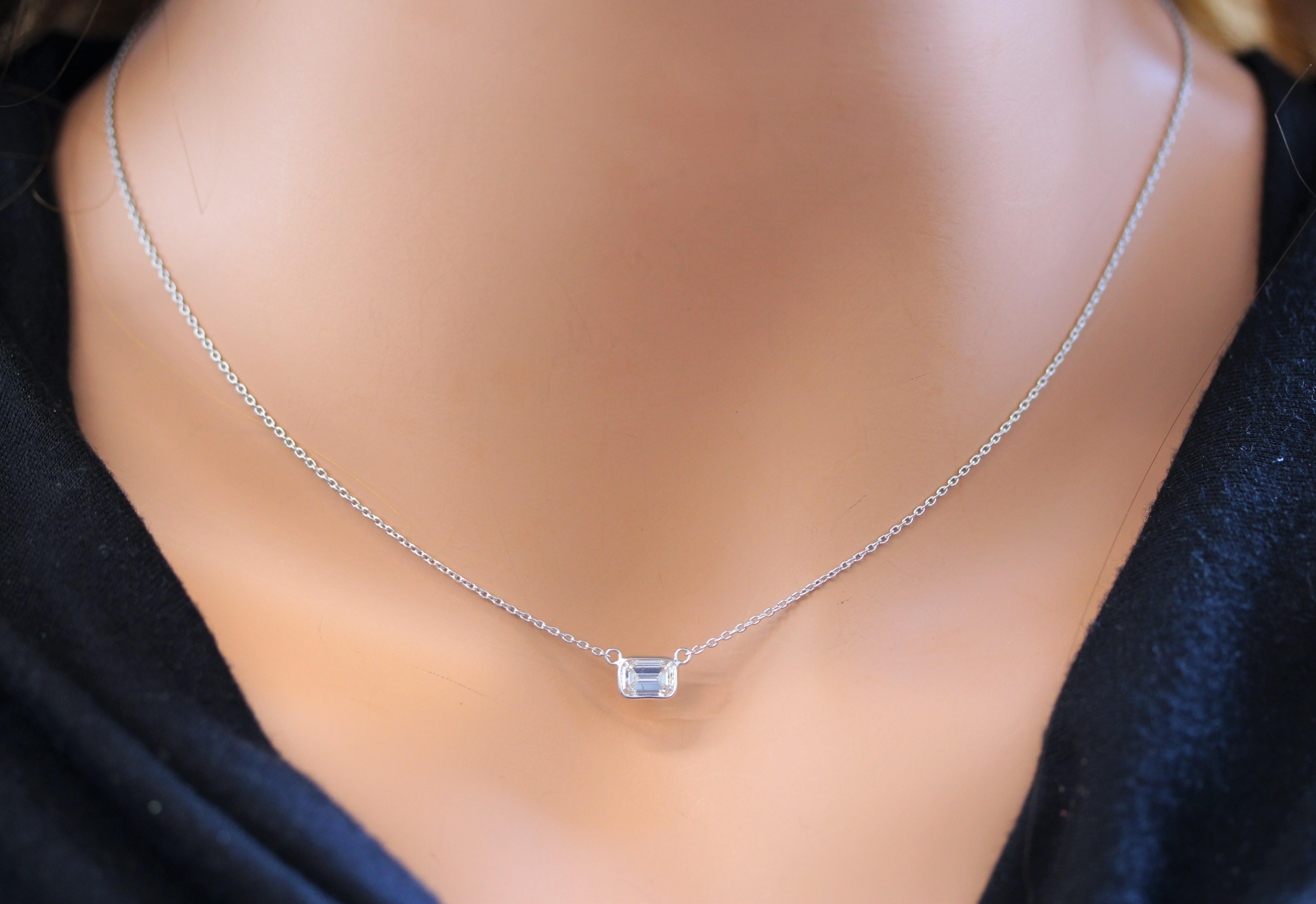 Contemporary 0.70 Carat Emerald Diamond Handmade Solitaire Necklace In 14k White Gold For Sale
