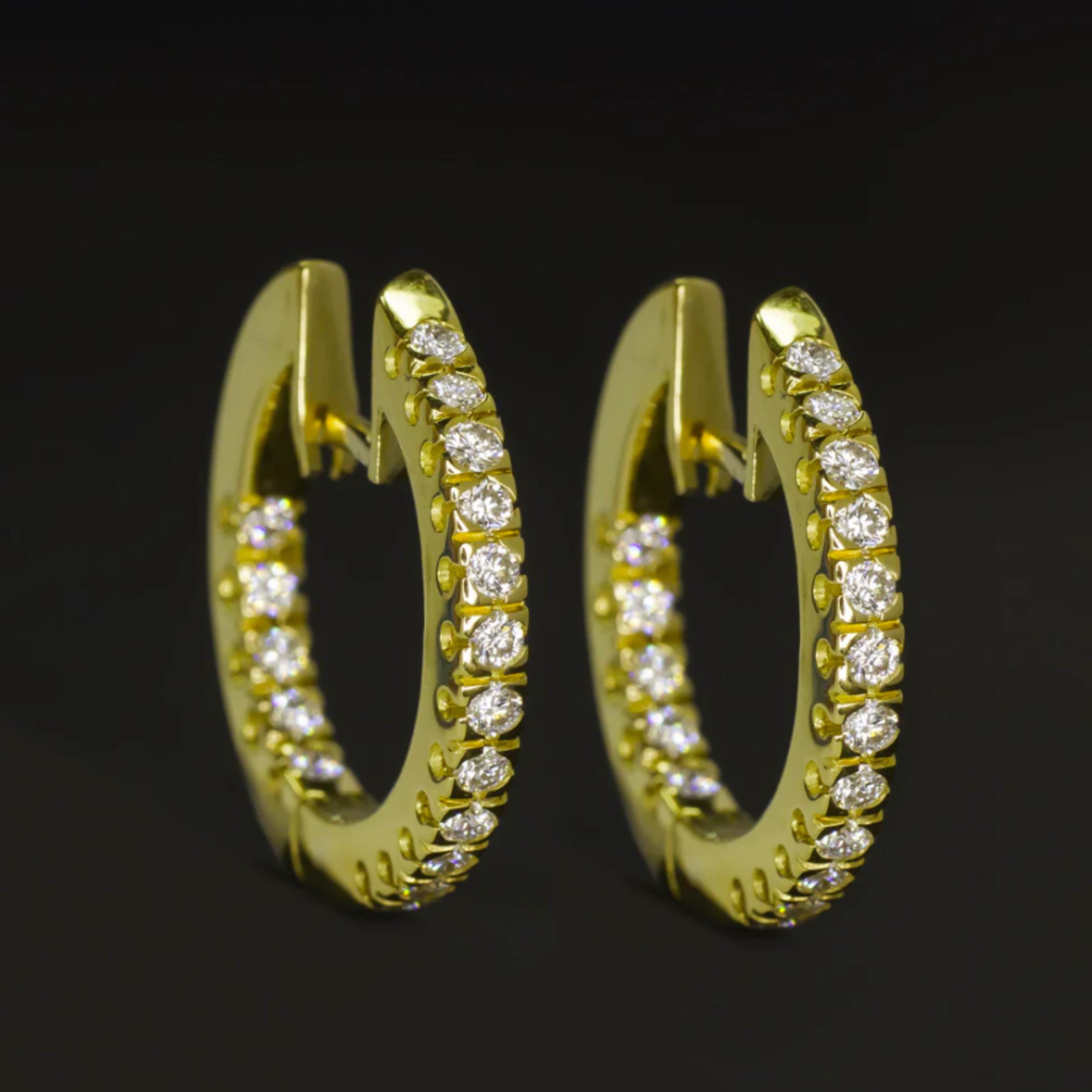 Taille ronde Créoles de 19 mm en or jaune 18 carats avec diamants F-G VS de 0,70 carat à l'intérieur et extérieur en vente