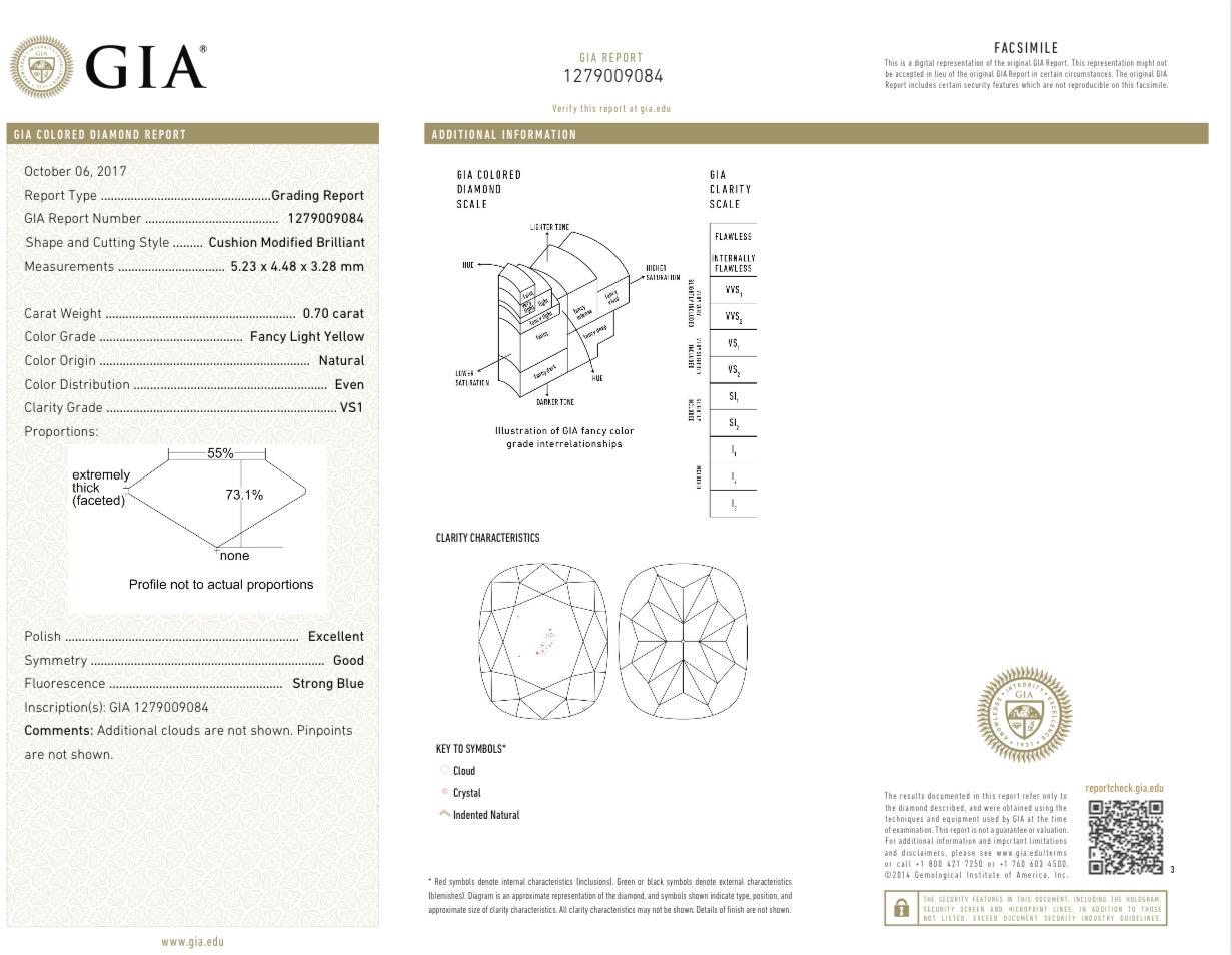 Women's or Men's 0.70 Carat Fancy Light Yellow Diamond Ring VS1 Clarity GIA Certified For Sale