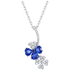 0.70 Carat Heart Shape Blue Sapphire Diamond Pavé Floral Pendant 18 Karat Gold