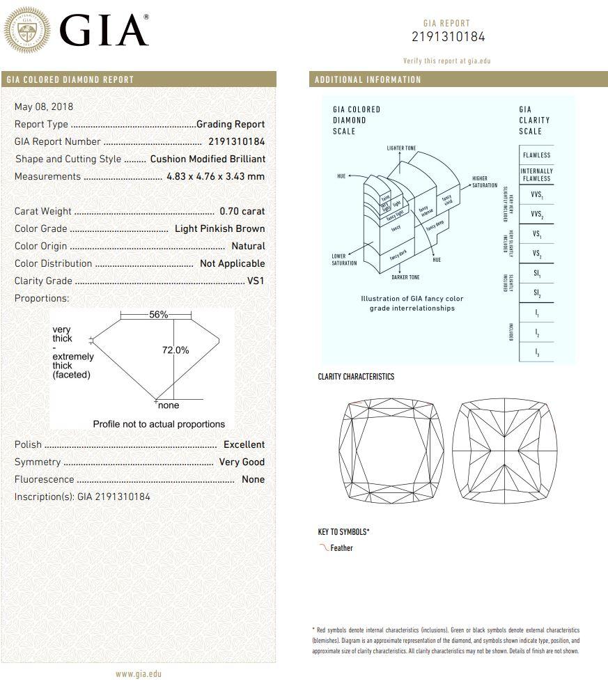 0,70 carat Light Pinkish Brown Diamant taille coussin VS1 Clarity Certifié GIA  en vente 2