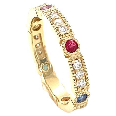 0.70 Carat Multi Color Sapphire Diamond Yellow Gold Cocktail Band