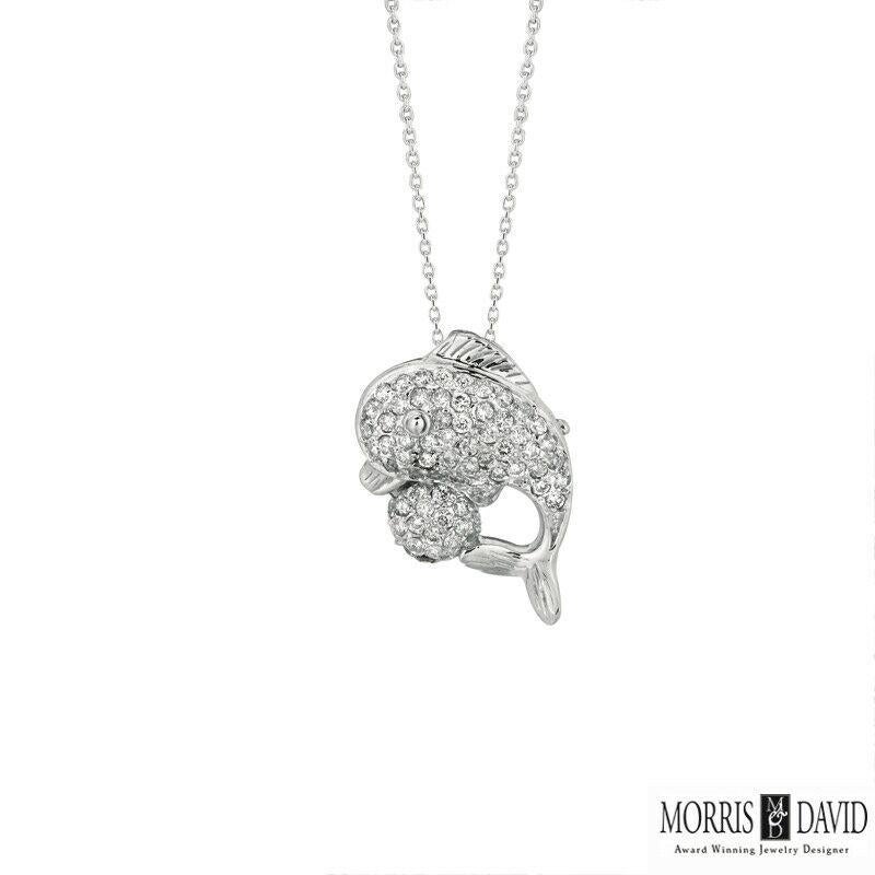 Contemporary 0.70 Carat Natural Diamond Dolphin Pendant Necklace 14 Karat White Gold Chain For Sale