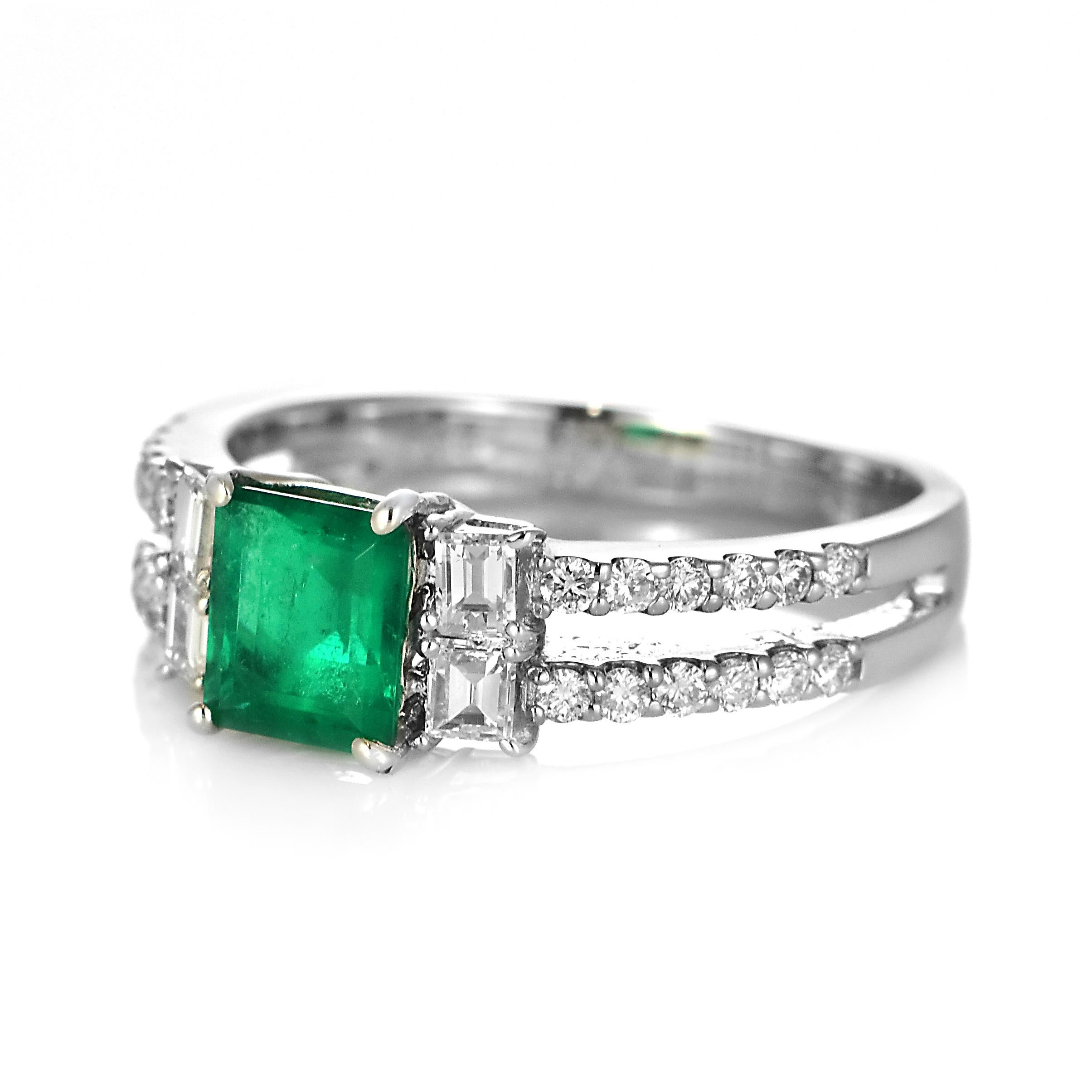 A stunning ring featuring a 0.70 Carat Natural Emerald and 0.51 Carats of Diamond Accents set in Platinum. People have admired emerald’s green for thousands of years. Emeralds have always been associated with the lushest landscapes and the richest