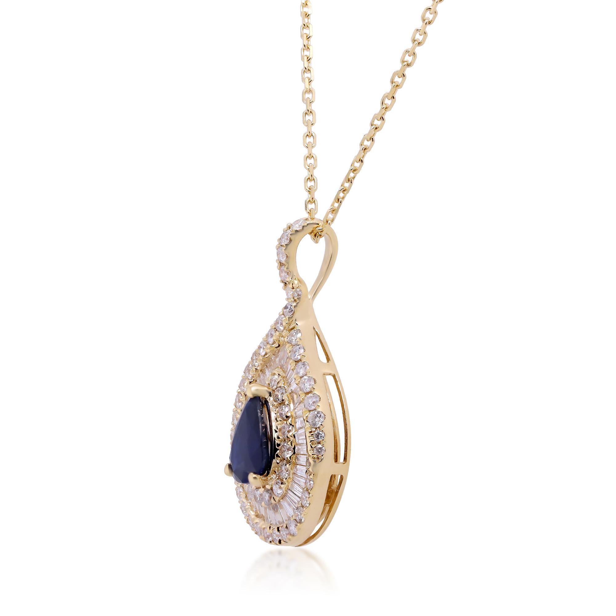 Decorate yourself in elegance with this Pendant is crafted from 14-karat Yellow Gold by Gin & Grace. This Pendant is made up of Pear-Cut Blue Sapphire (1 pcs) 0.70 carat and Round-cut White Diamond (56 Pcs) 0.46 Carat, Baguette-cut White Diamond (35