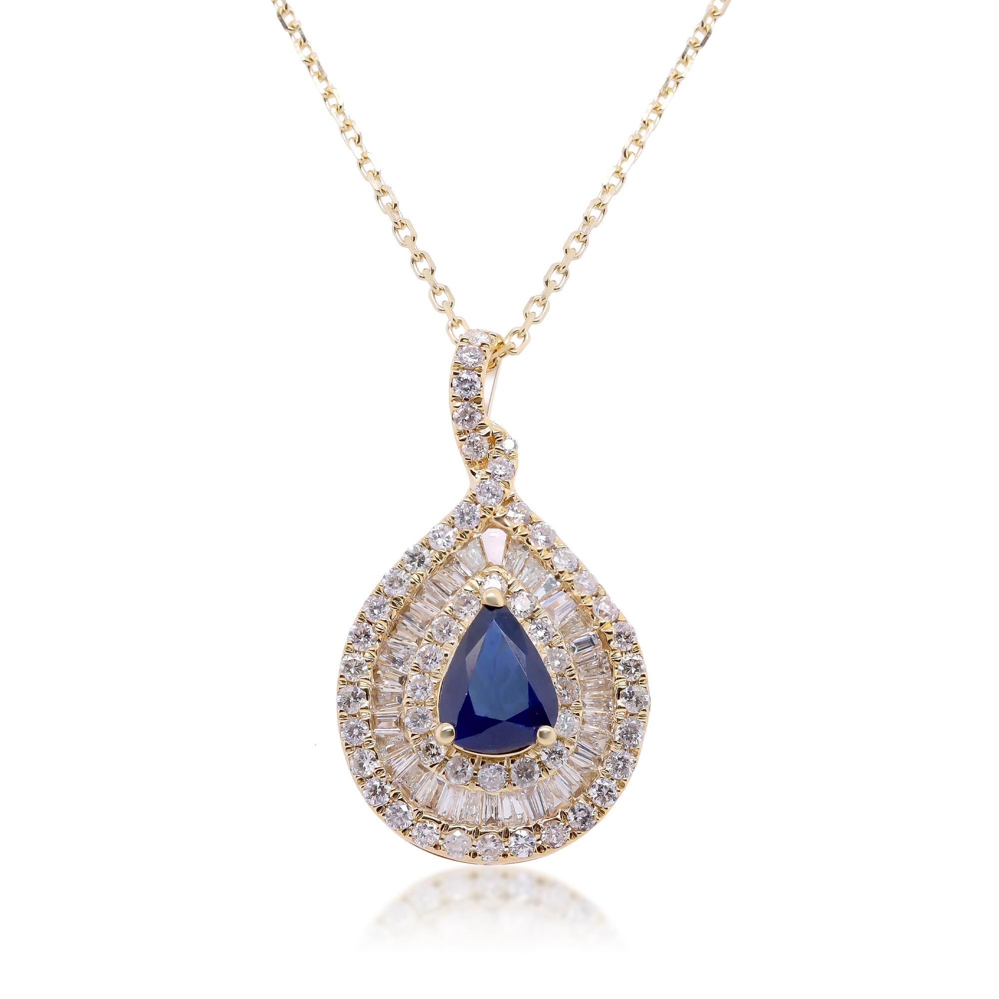 Pear Cut 0.70 Carat Pear-Cut Blue Sapphire with Diamond Accents 14K Yellow Gold Pendant