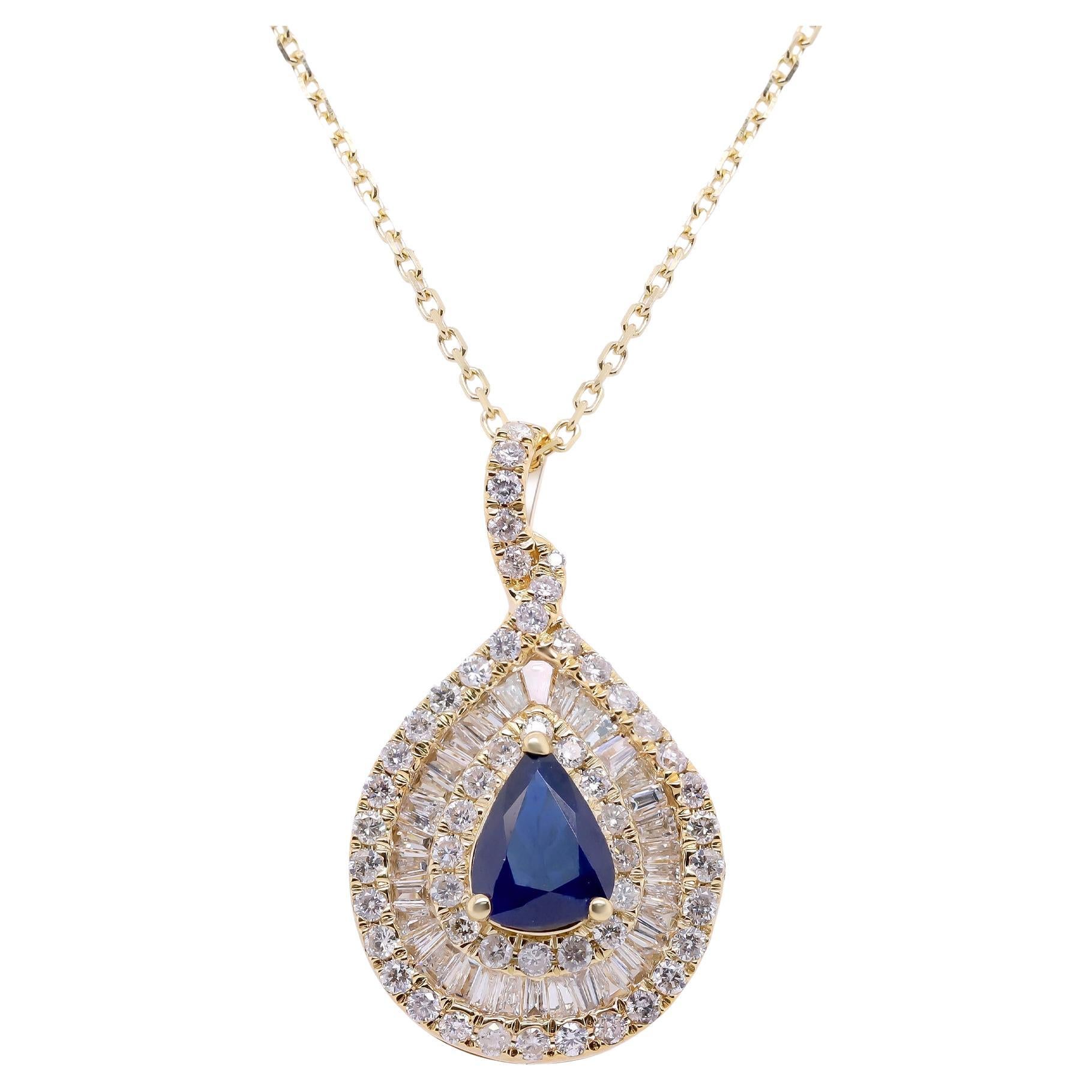 0.70 Carat Pear-Cut Blue Sapphire with Diamond Accents 14K Yellow Gold Pendant