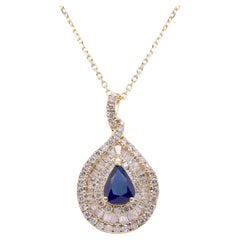 0.70 Carat Pear-Cut Blue Sapphire with Diamond Accents 14K Yellow Gold Pendant