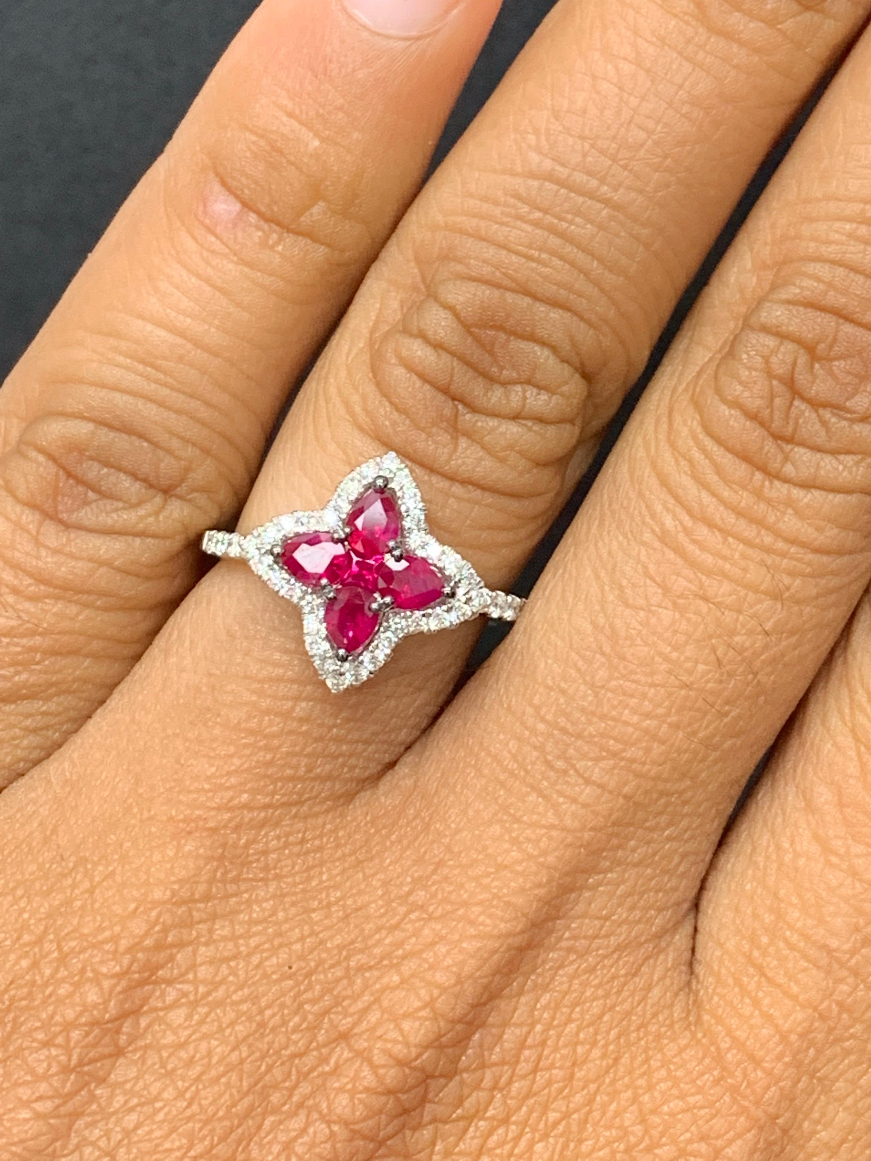 0.70 Carat Pear Shape Ruby and Diamond Cocktail Ring in 18K White Gold For Sale 6