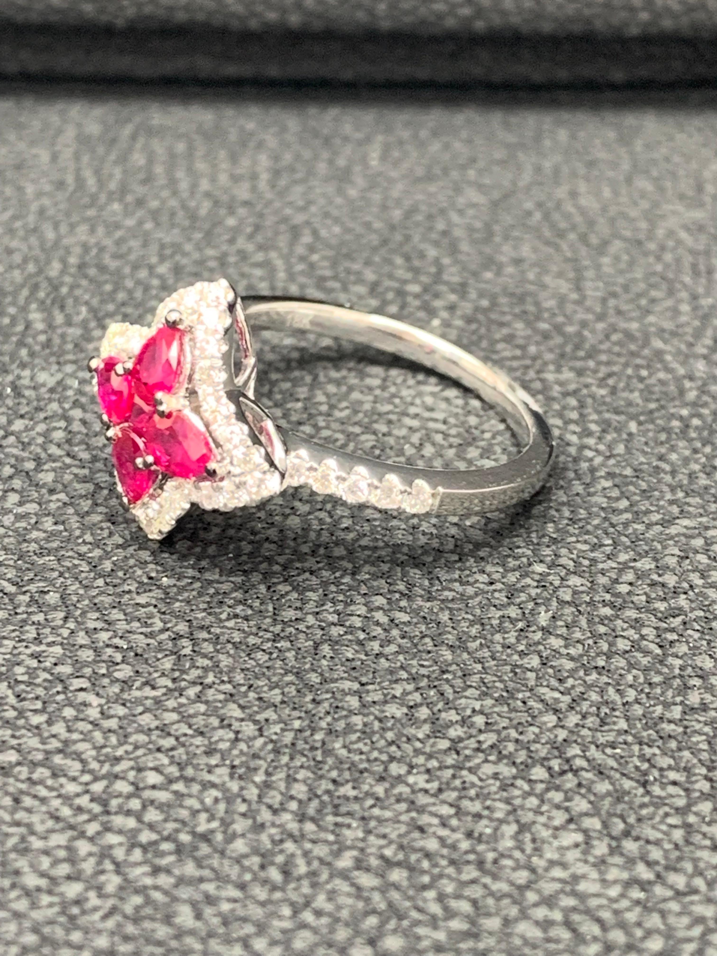 Pear Cut 0.70 Carat Pear Shape Ruby and Diamond Cocktail Ring in 18K White Gold For Sale