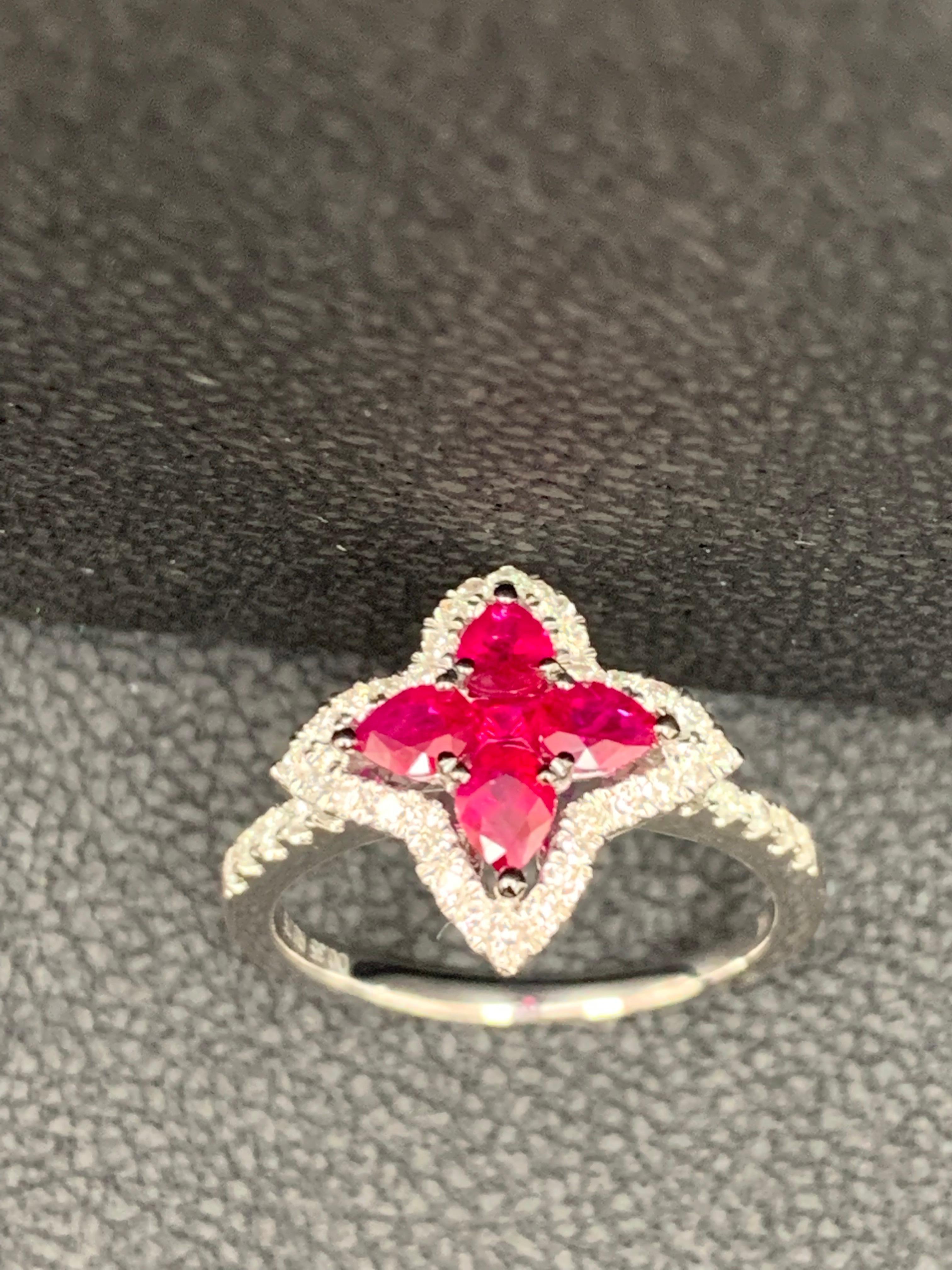 0.70 Carat Pear Shape Ruby and Diamond Cocktail Ring in 18K White Gold For Sale 2