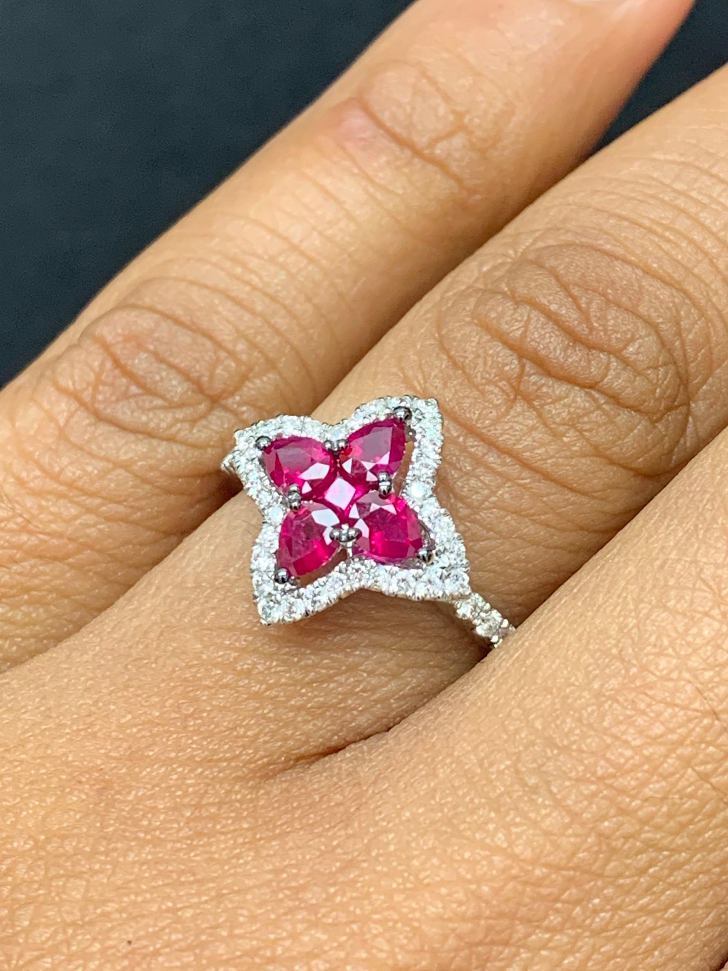 0.70 Carat Pear Shape Ruby and Diamond Cocktail Ring in 18K White Gold For Sale 3