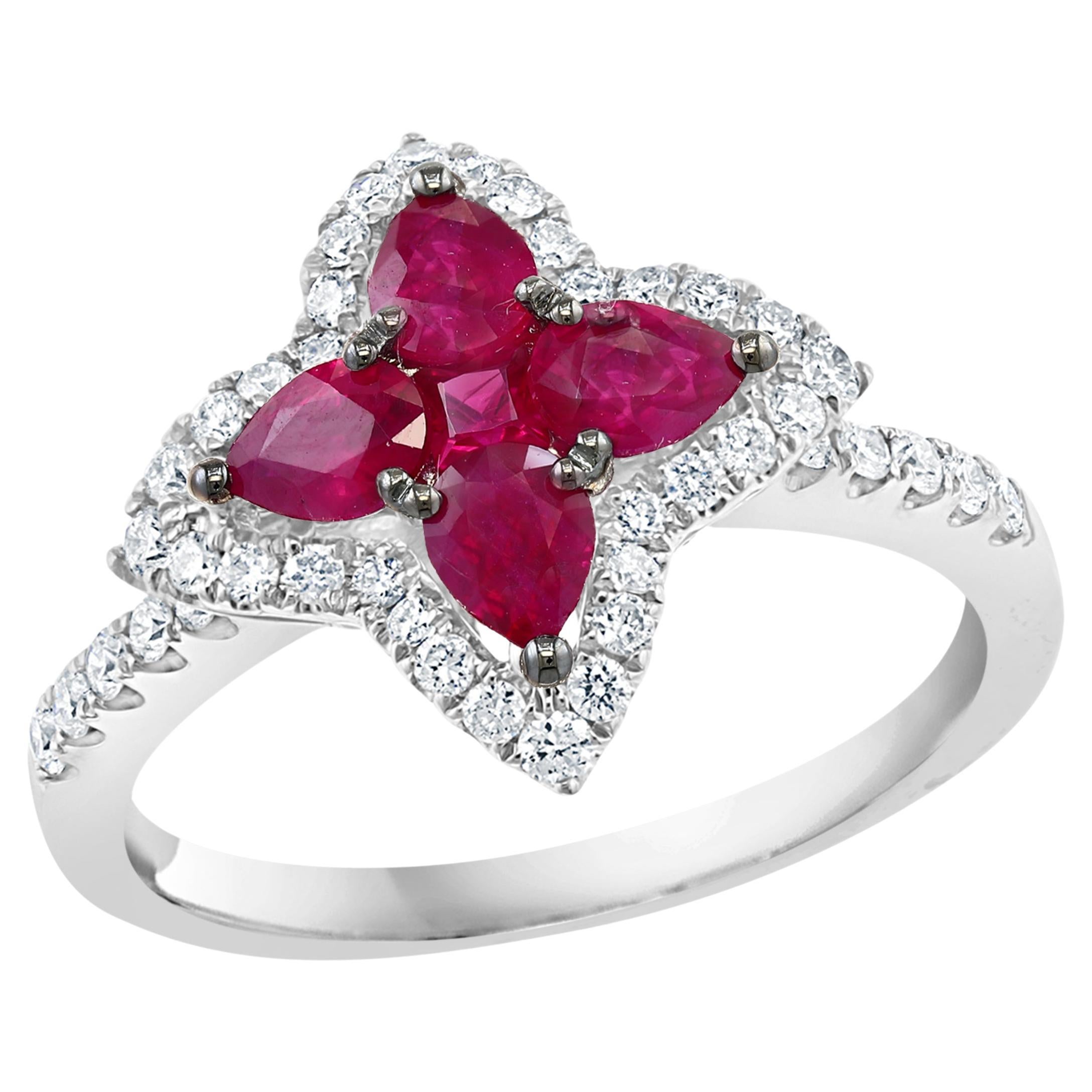 0.70 Carat Pear Shape Ruby and Diamond Cocktail Ring in 18K White Gold For Sale
