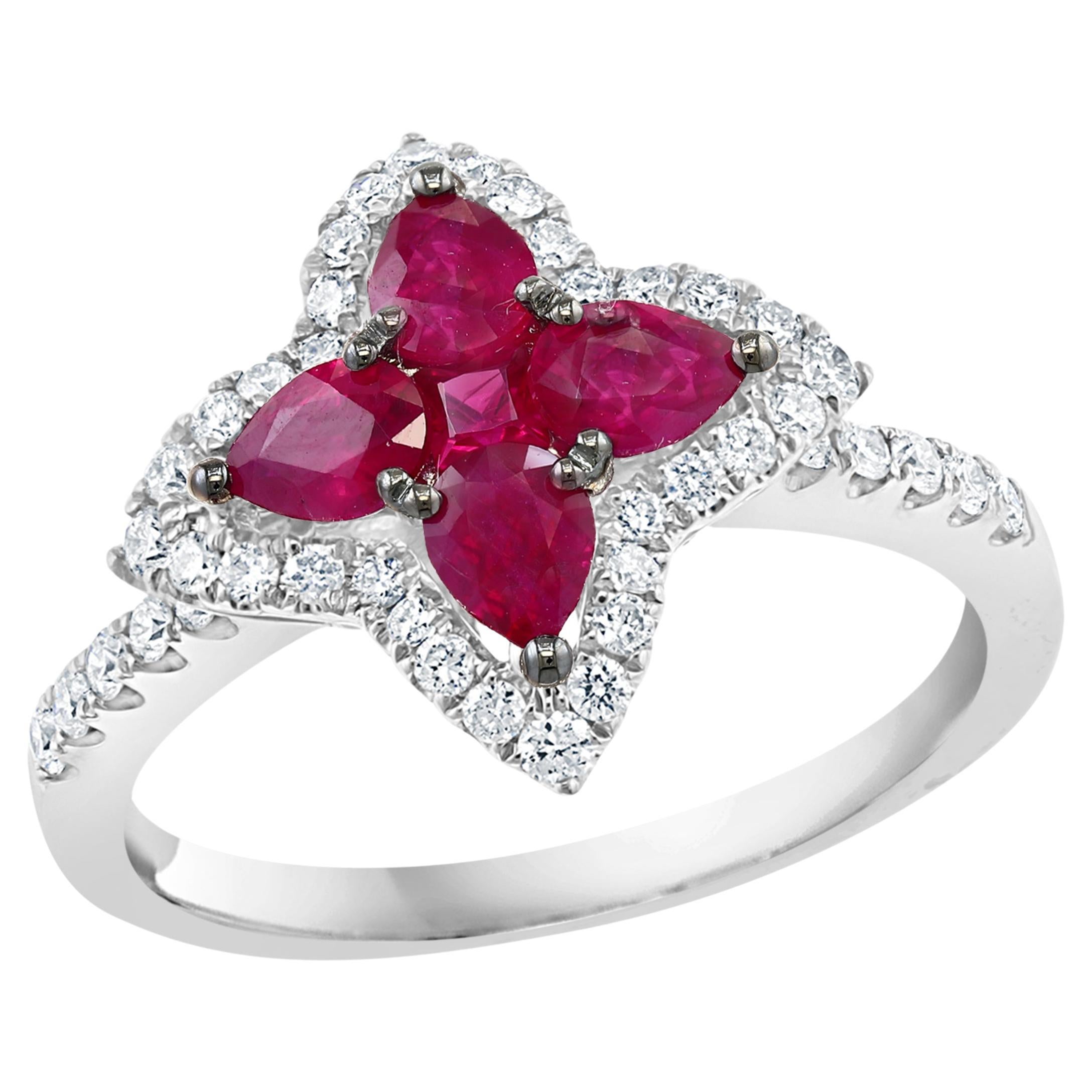 Bague cocktail en or blanc 18 carats avec diamants et rubis en forme de poire de 0,70 carat