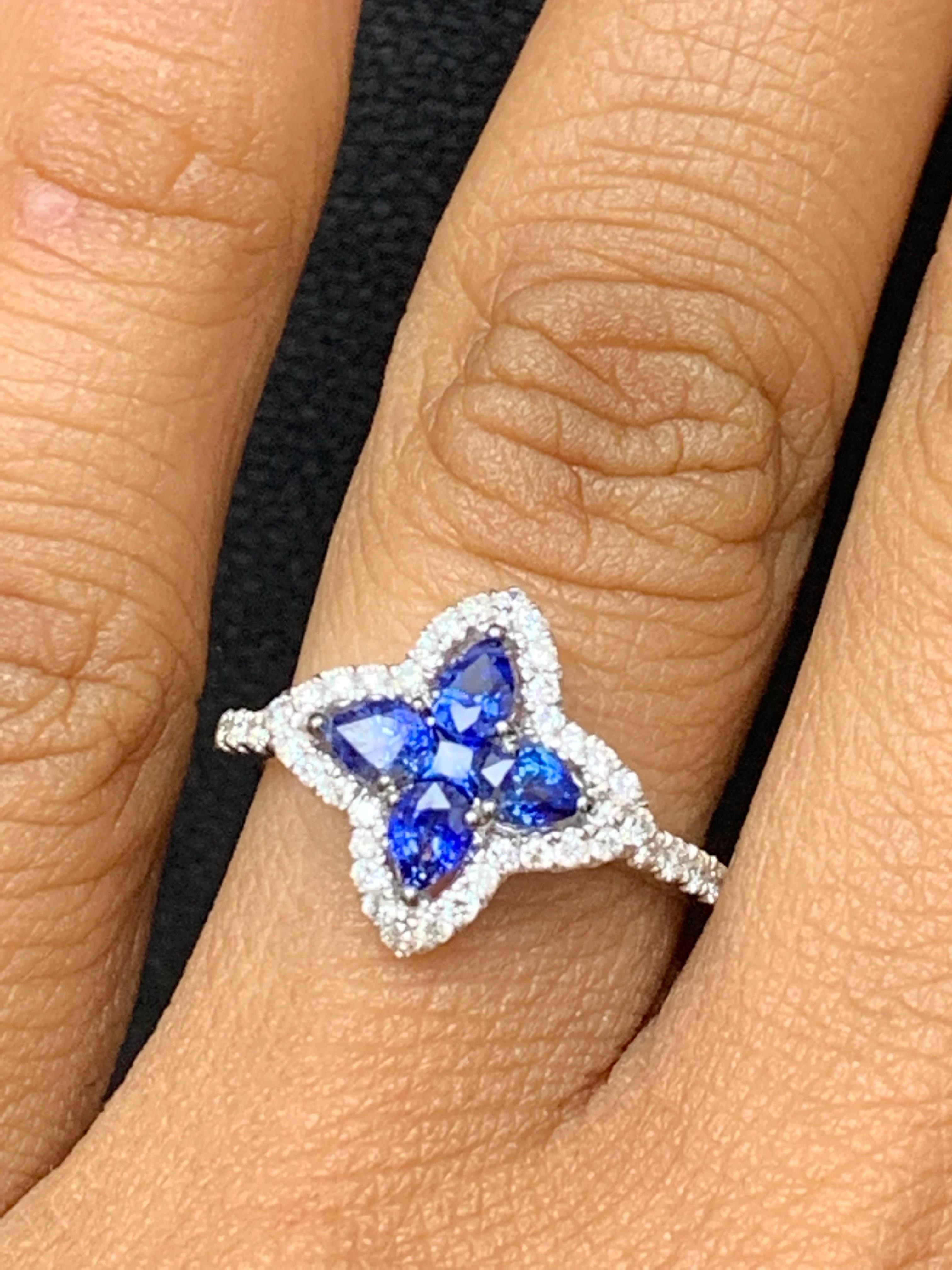 0.70 Carat Pear Shape Sapphire and Diamond Cocktail Ring in 18K White Gold For Sale 2