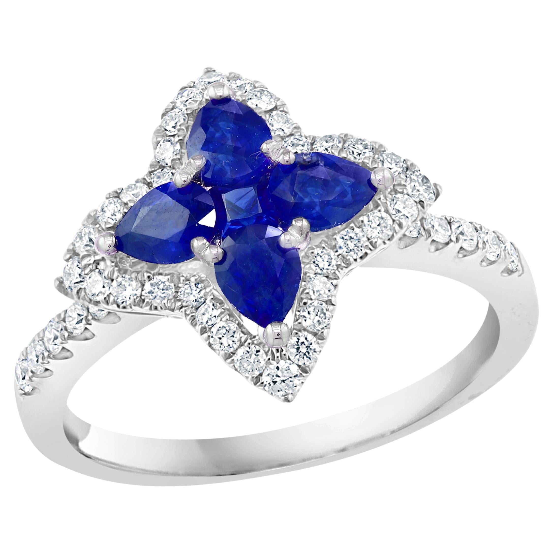 0.70 Carat Pear Shape Sapphire and Diamond Cocktail Ring in 18K White Gold For Sale