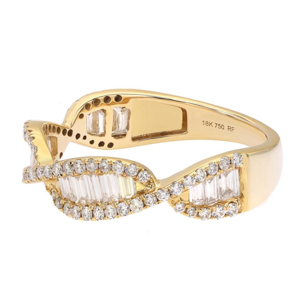 Introducing our breathtaking 0.70 Carat Round & Baguette Cut Diamond Twist Band Ring in 18K Yellow Gold. This exquisite piece showcases a perfect combination of round and baguette-cut diamonds, creating a timeless and stunning design. The ring