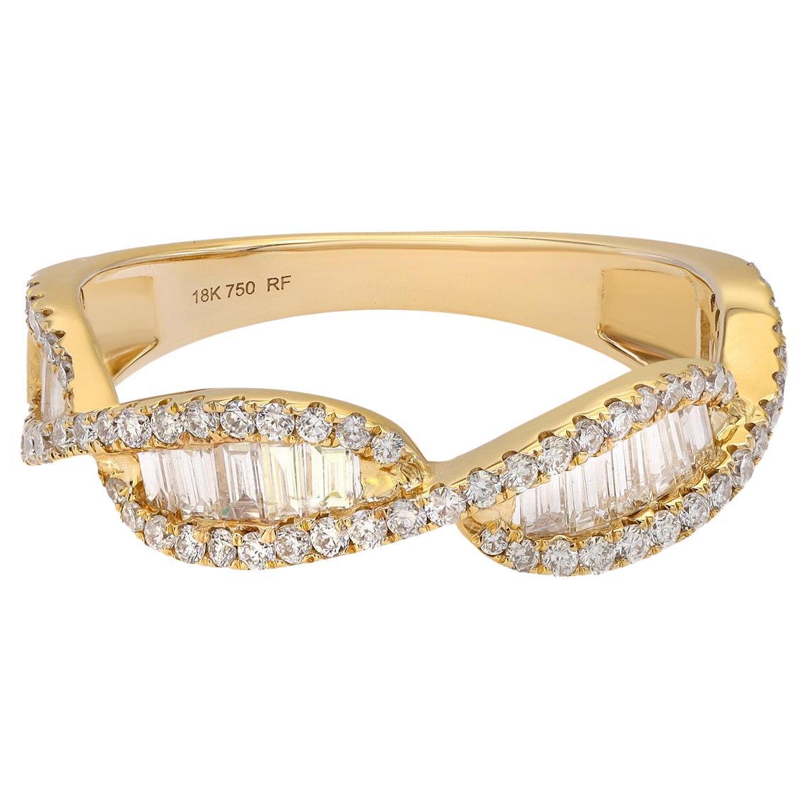 Bague à anneau torsadé en or jaune 18 carats avec diamants taille ronde et baguette de 0,70 carat 