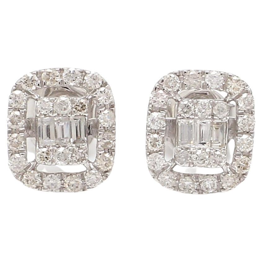 0.70 Carat Round & Baguette Diamond Stud Earrings 18 Karat White Gold Jewelry