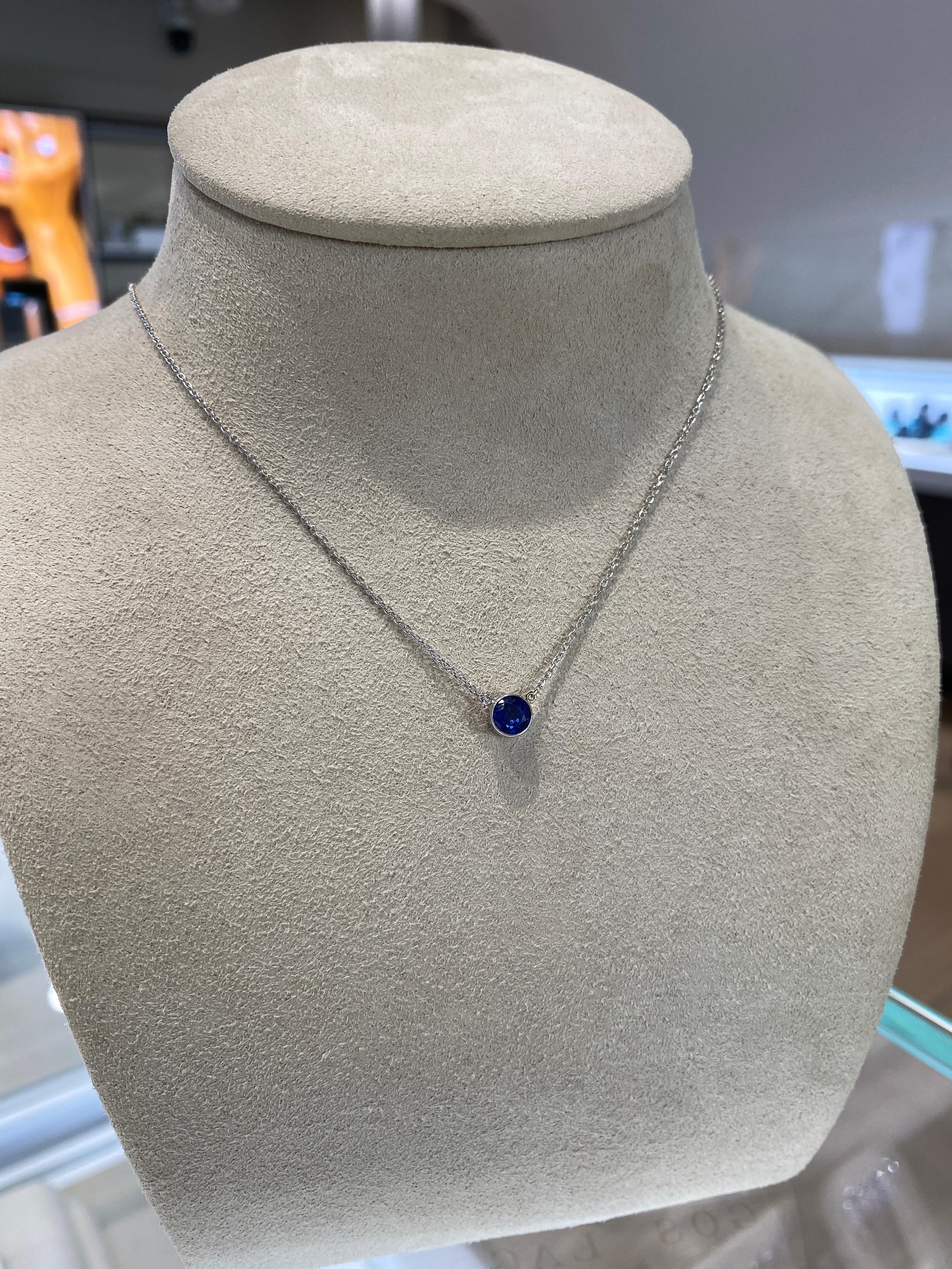 0.70 Carat Round Blue Sapphire Bezel Set 14 Karat White Gold Pendant Necklace 2