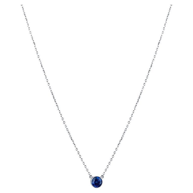 0.70 Carat Round Blue Sapphire Bezel Set 14 Karat White Gold Pendant Necklace