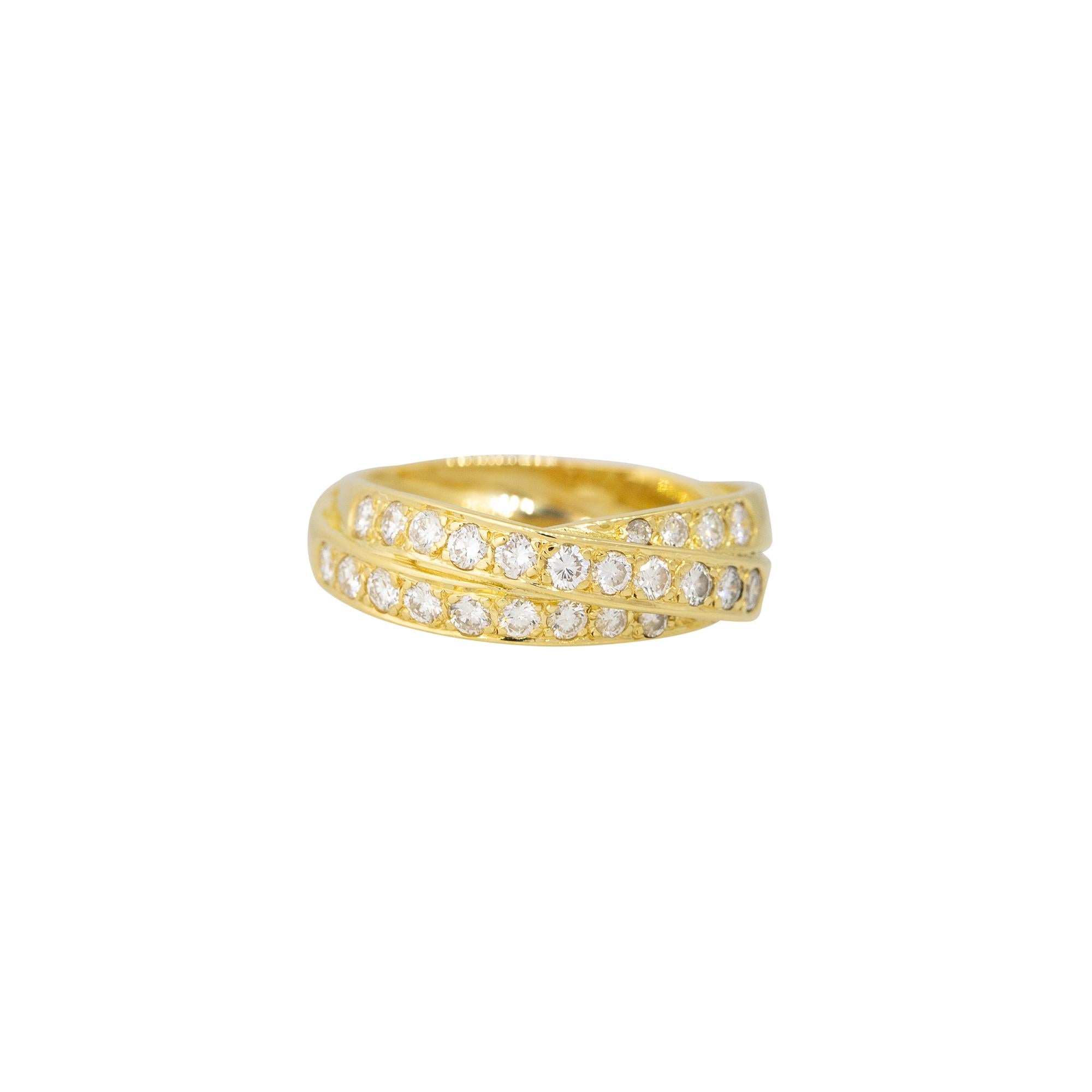 18k Yellow Gold 0.70ct Round Brilliant Cut Diamond 3-Row Intertwined Ring

Product: Intertwined diamond ring
Material: 18k Yellow Gold
Diamond Details: There are approximately 0.70 carats of round brilliant cut diamonds (24 stones)
Diamond Clarity: