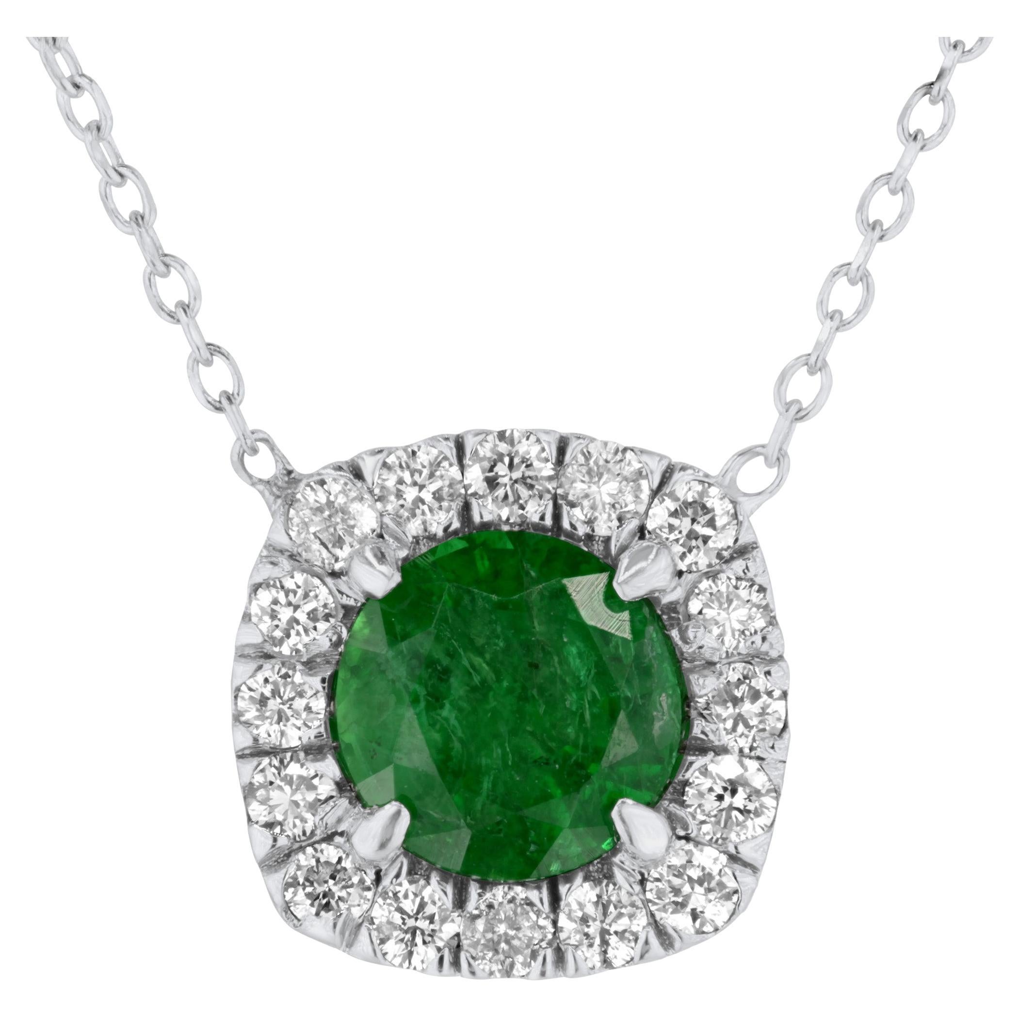 0.70 Carat Round Cut Emerald Pendant in Diamond Halo in 14k White Gold