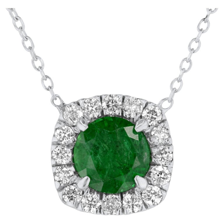 0.70 Carat Round Cut Emerald Pendant in Diamond Halo in 14k White Gold For Sale