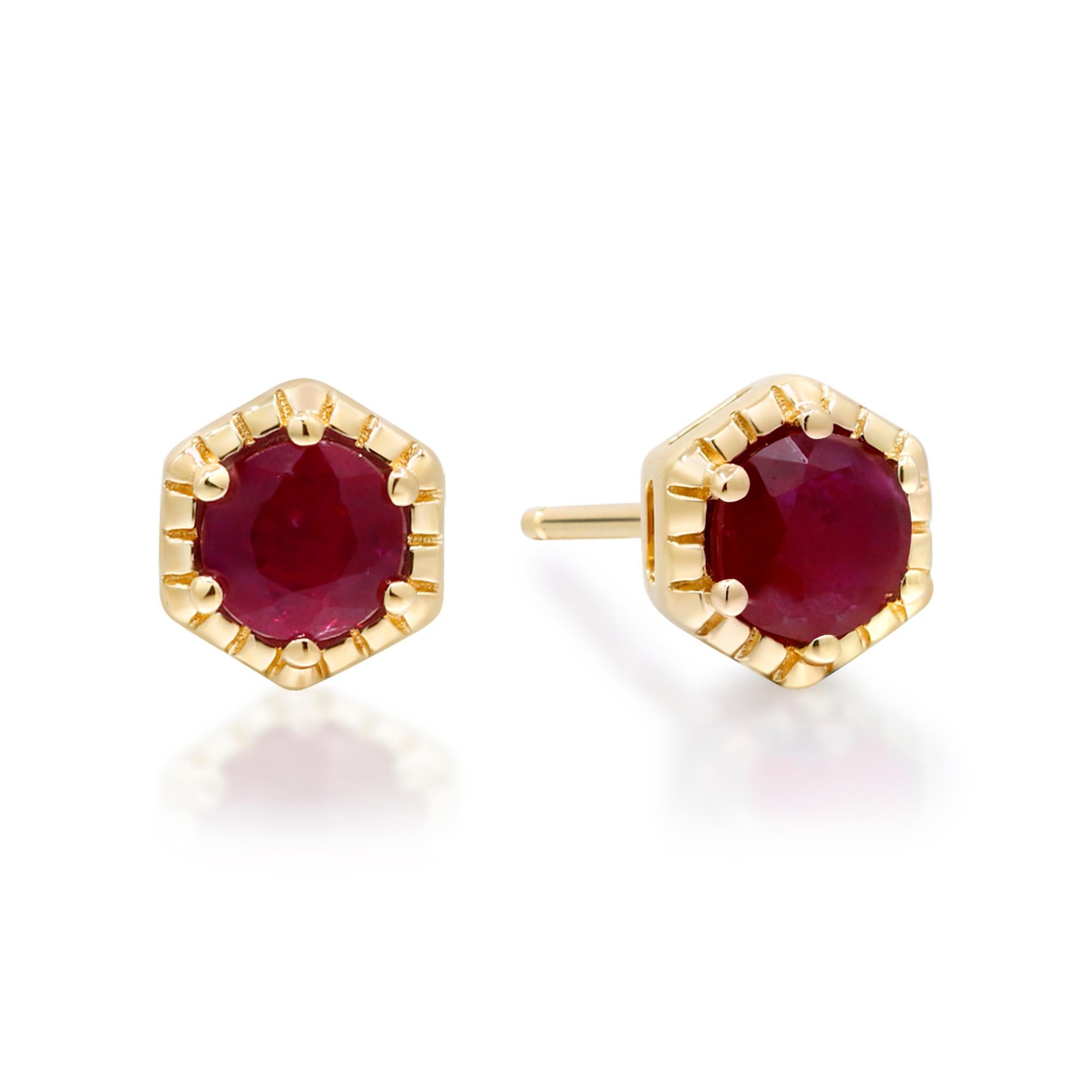 Decorate yourself in elegance with this Earring is crafted from 14-karat Yellow Gold by Gin & Grace Earring. This Earring is made up of 4.0 mm Round-cut (2 pcs) 0.70 carat Ruby. This Earring is weight 1.31 grams. This delicate Earring is polished to