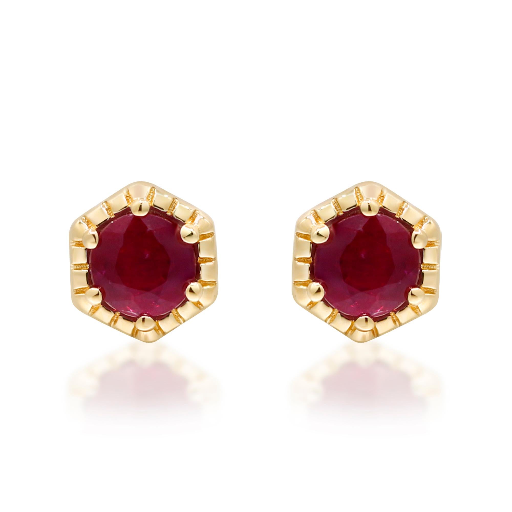Round Cut 0.70 Carat Round-Cut Ruby 14K Yellow Gold Stud Earring For Sale