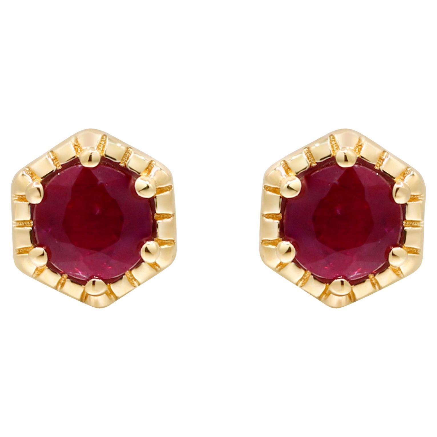 0.70 Carat Round-Cut Ruby 14K Yellow Gold Stud Earring For Sale