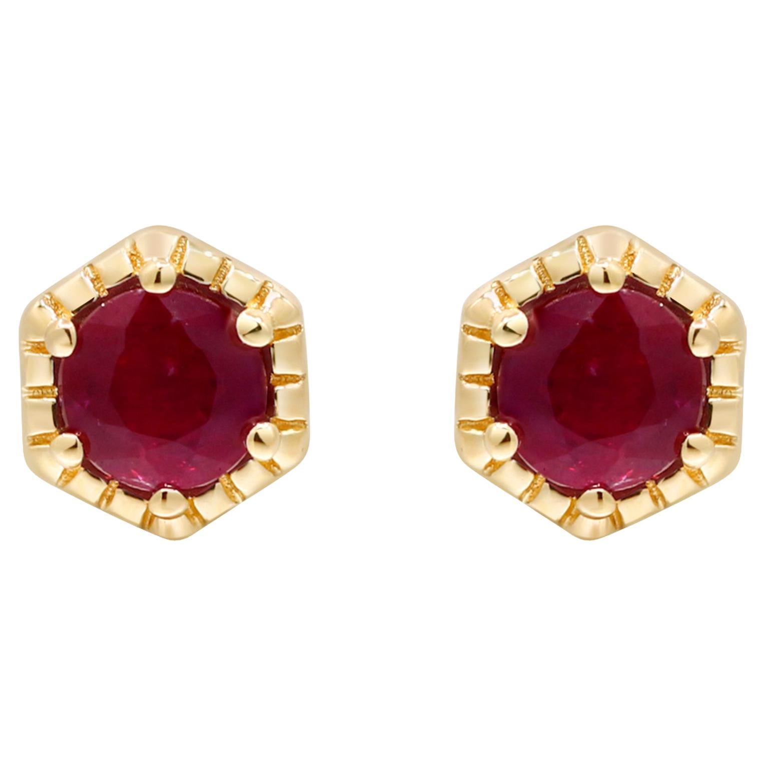 0.70 Carat Round-Cut Ruby 14K Yellow Gold Stud Earring