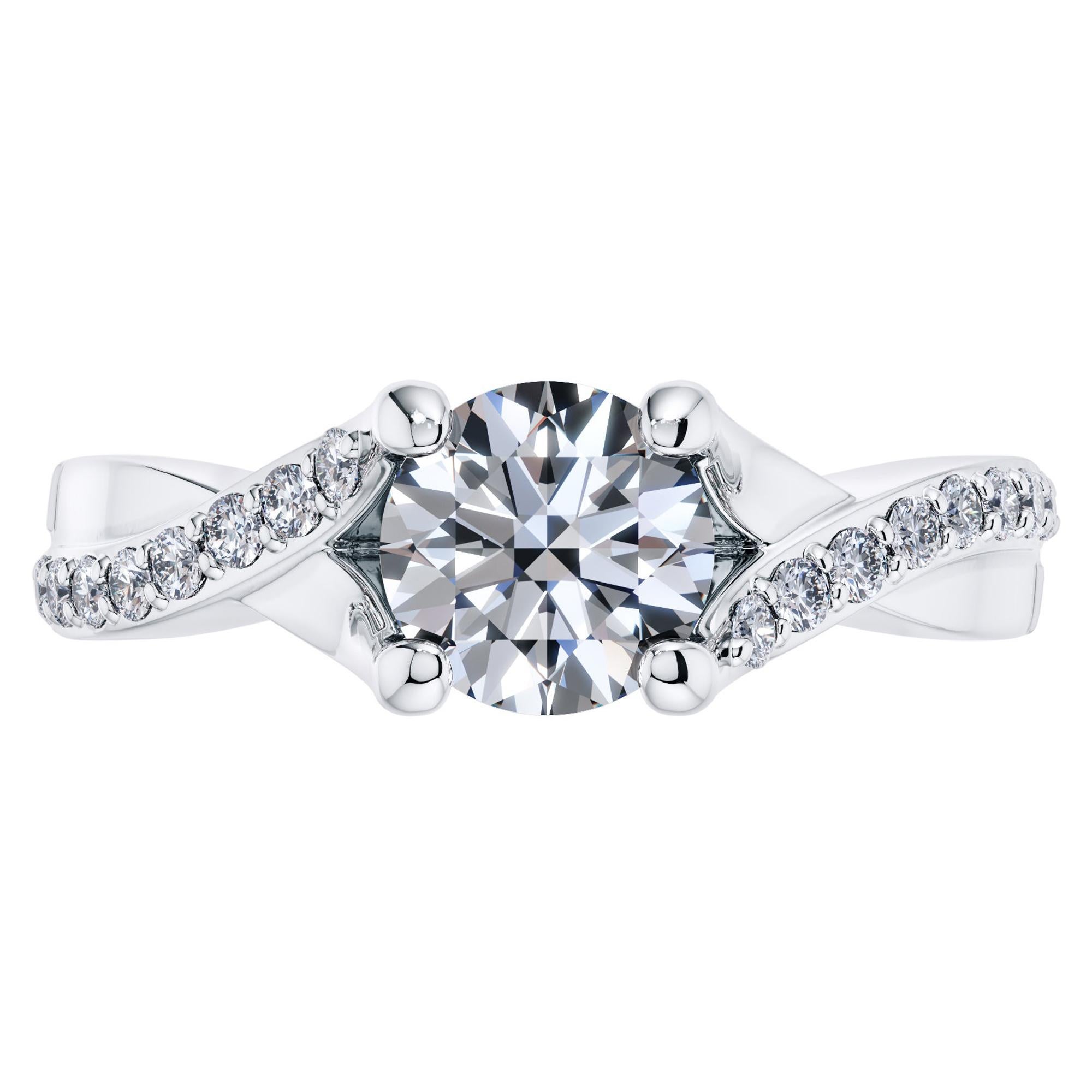 0.70 Carat Round Diamond Twisted 18 Karat White Gold 4 Prong Engagement Ring For Sale