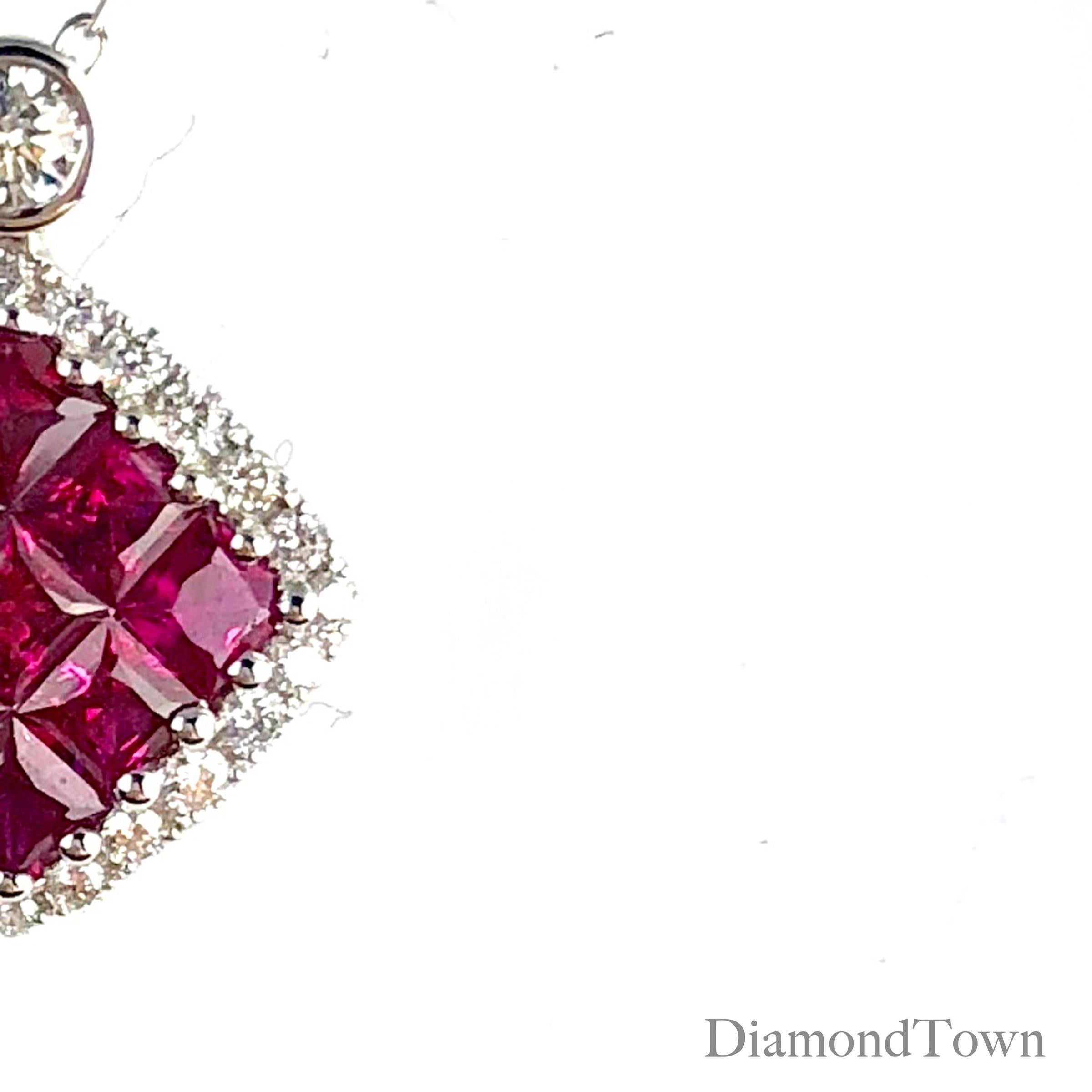This pendant features a ruby cluster square center (nine stones, total weight 0.70 carats), surrounded by a halo of white diamonds (total diamond weight 0.19 carats) set in 18k White Gold.

An insurance appraisal certificate (COA) will be included.