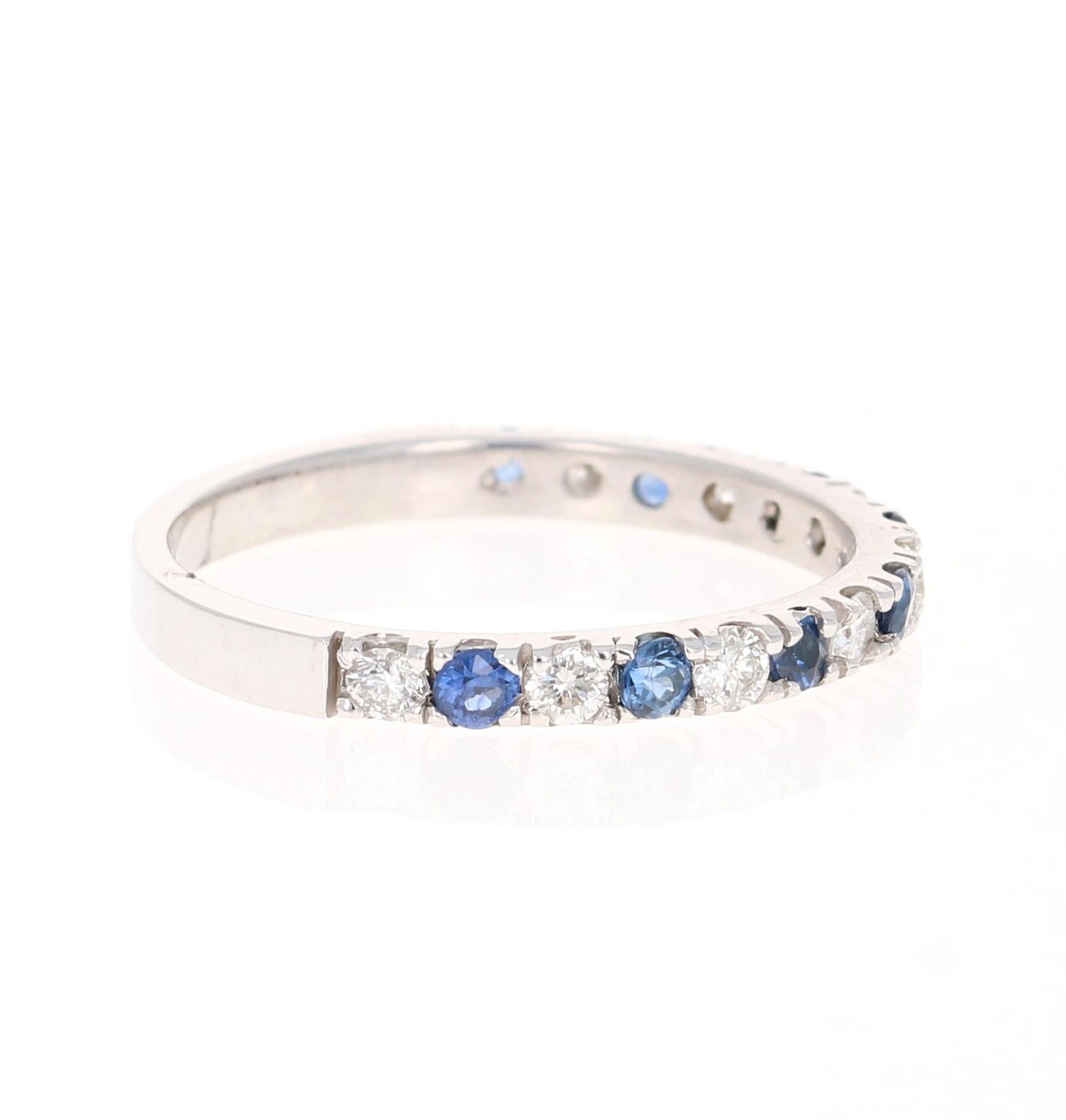 Cute and dainty Sapphire and Diamond band that is sure to be a great addition to anyone's collection. 

There are 8 Round Cut Sapphires that weigh 0.38 carats and 8 Round Cut Diamonds that weigh 0.32 carats (Clarity: SI2, Color: F). The total carat