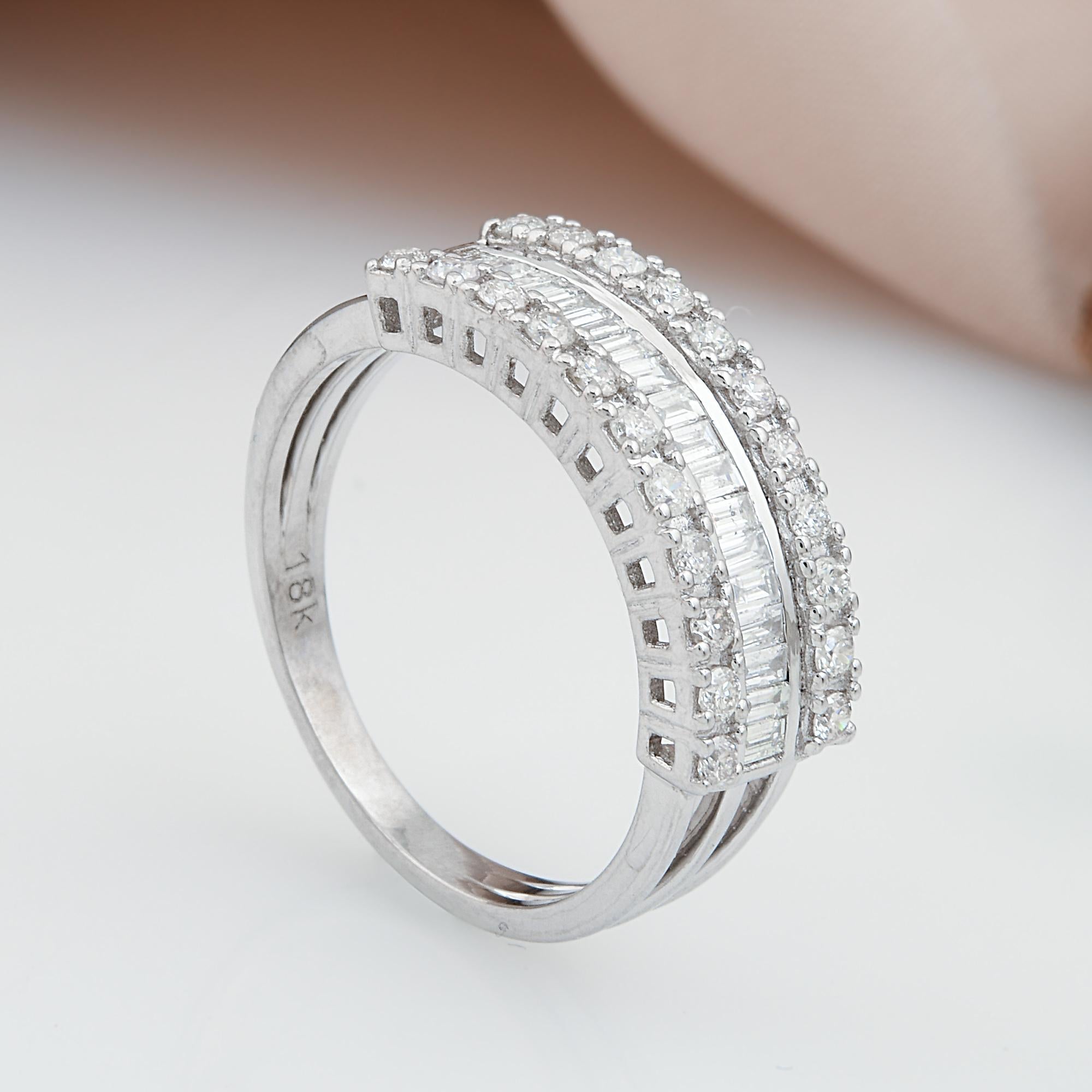 Modern 0.70 Carat SI Clarity HI Color Baguette Diamond Dome Ring 18 Karat White Gold For Sale