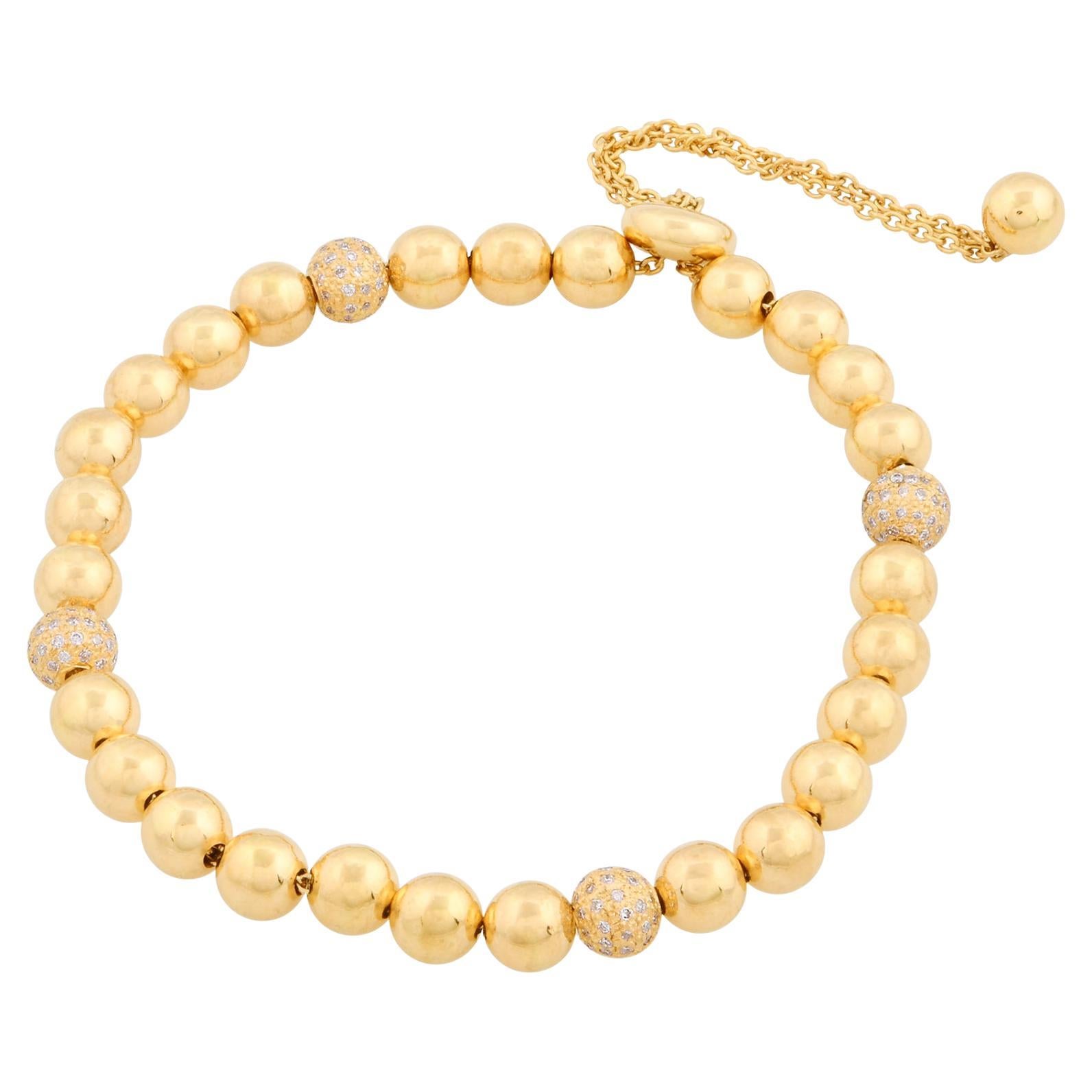 Natural SI Clarity HI Color Diamond Fine Beaded Ball Bracelet 22k Yellow Gold For Sale