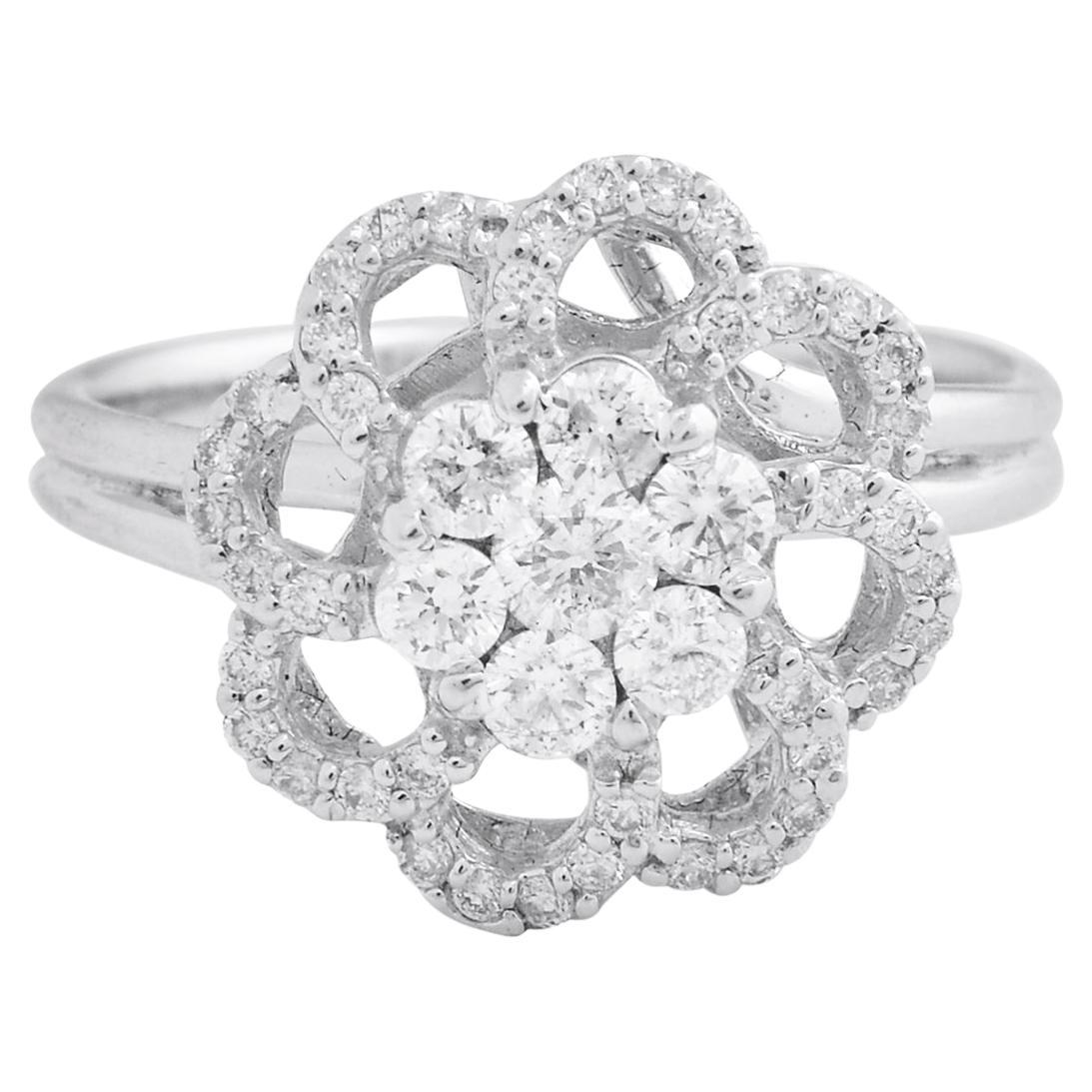 For Sale:  0.70 Carat SI Clarity HI Color Diamond Flower Ring 18 Karat White Gold Jewelry