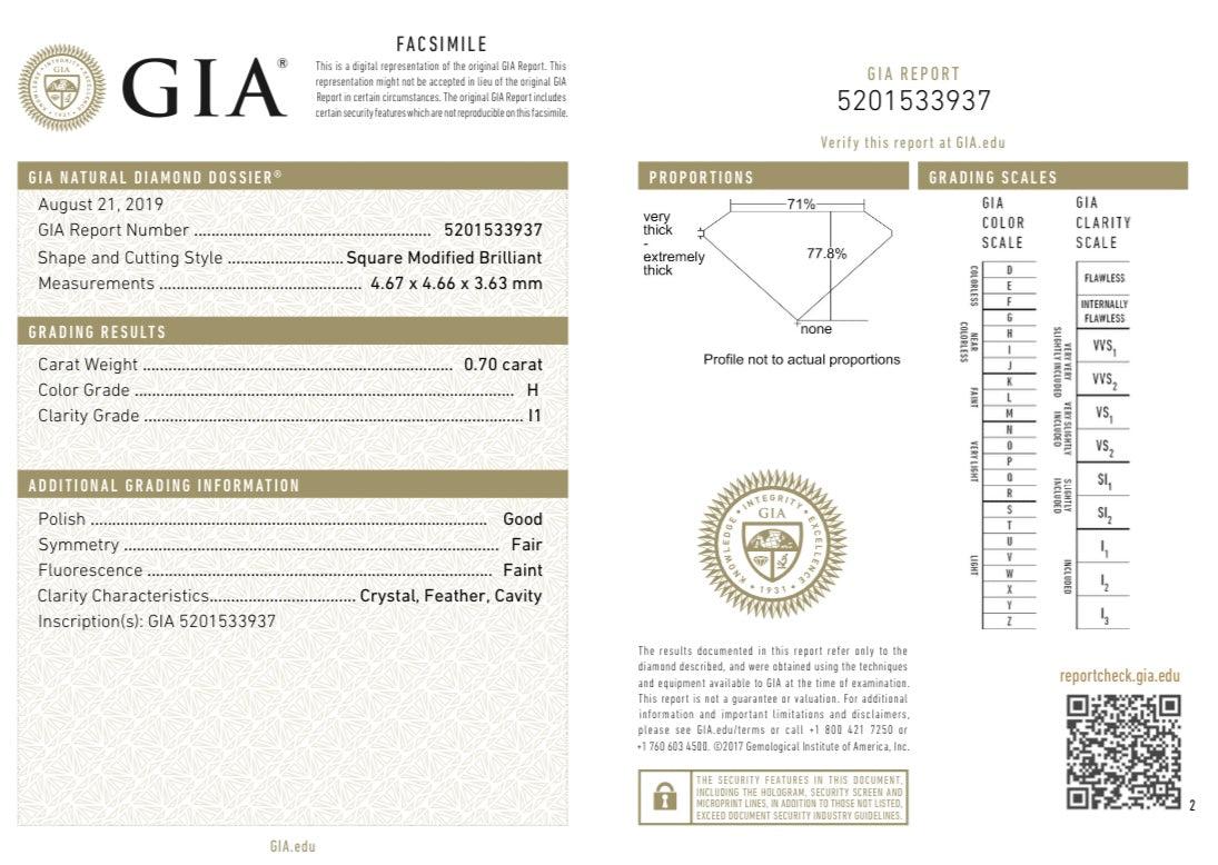 0.70 Carat Square Brilliant Princess Cut  Gia Certified H Color I1 Clarity Diamo In Good Condition For Sale In New York, NY