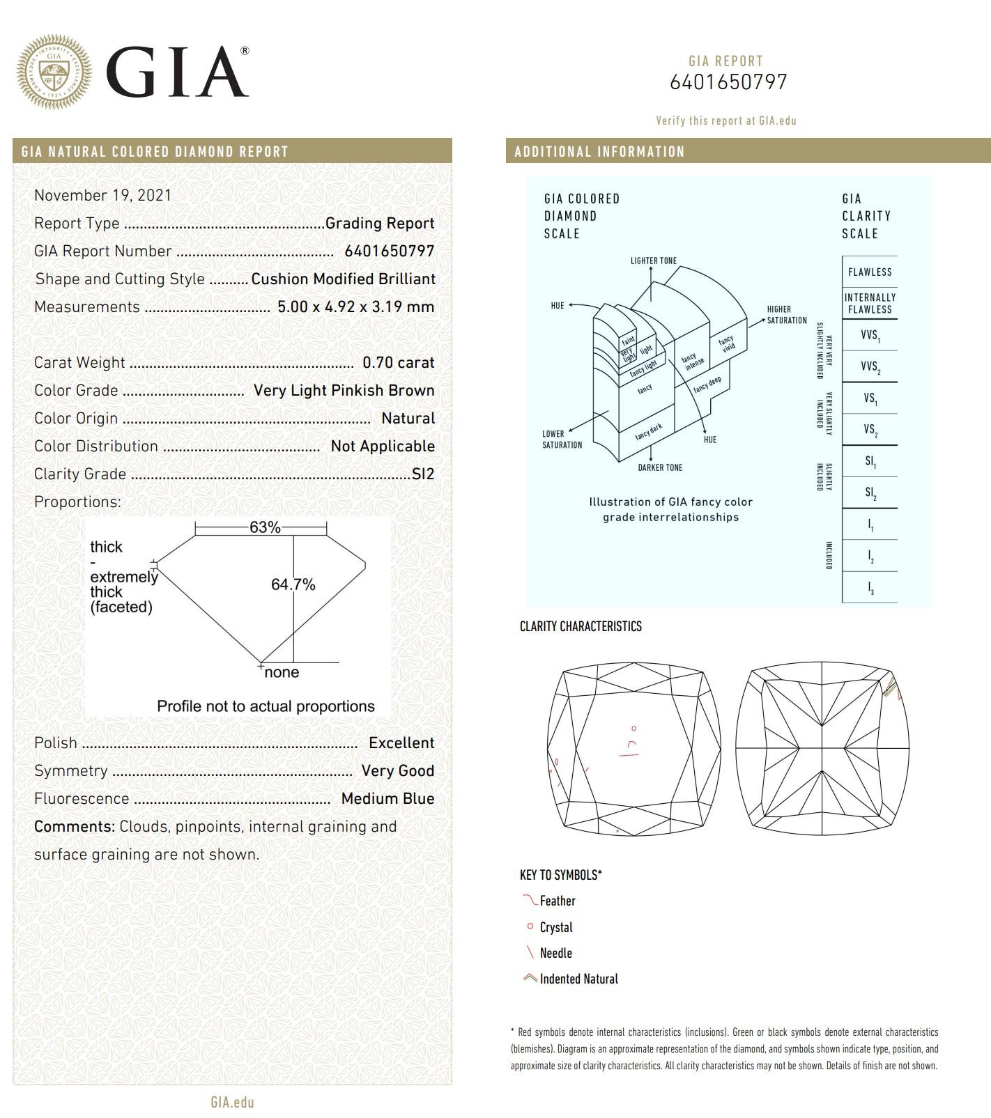  0.70 Carat Very Light Pinkish Brown Diamond Ring SI2 Clarity GIA Certified 3