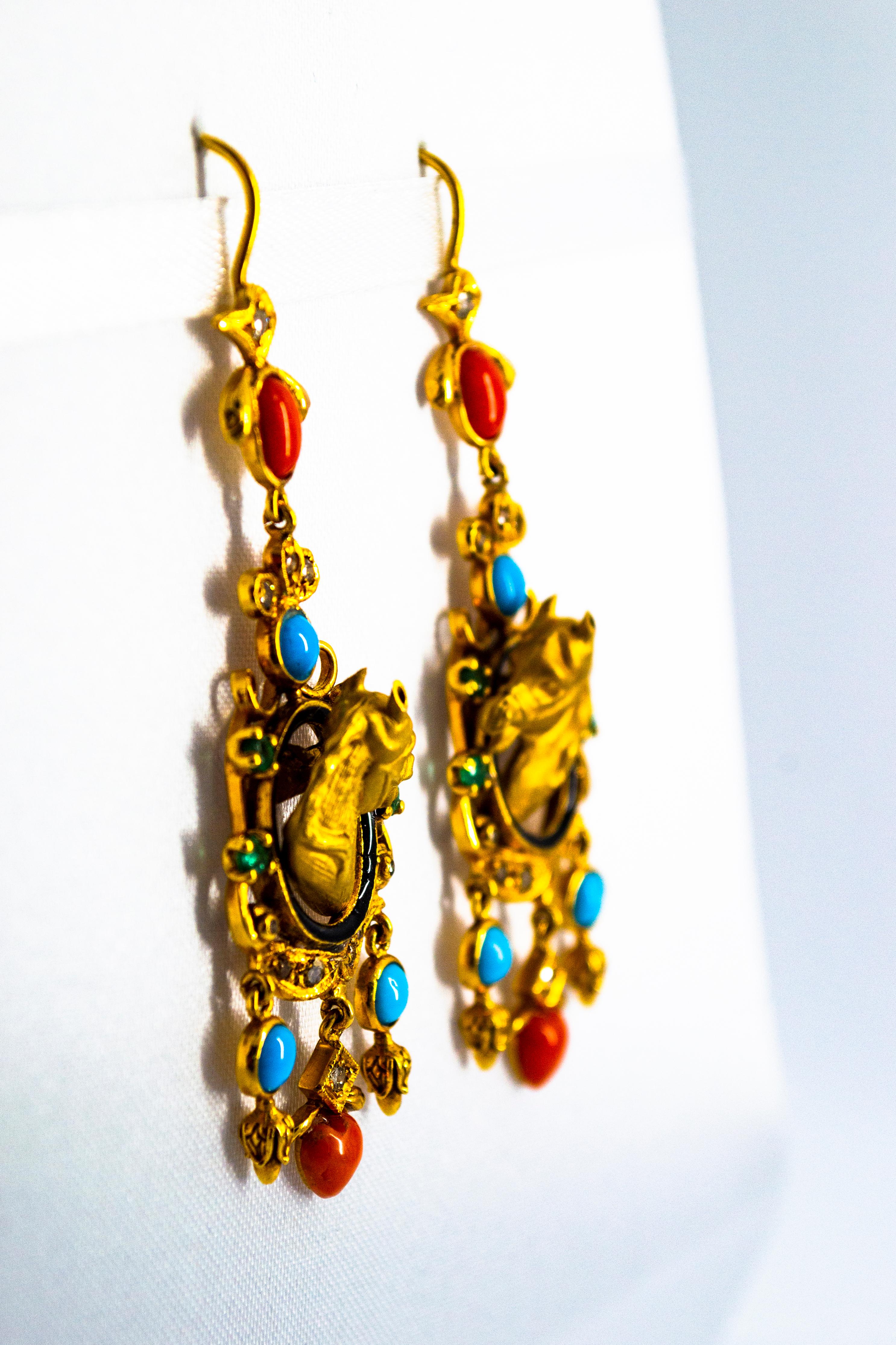 0.70 Carat White Diamond Emerald Coral Turquoise Yellow Gold Horse Drop Earrings 5