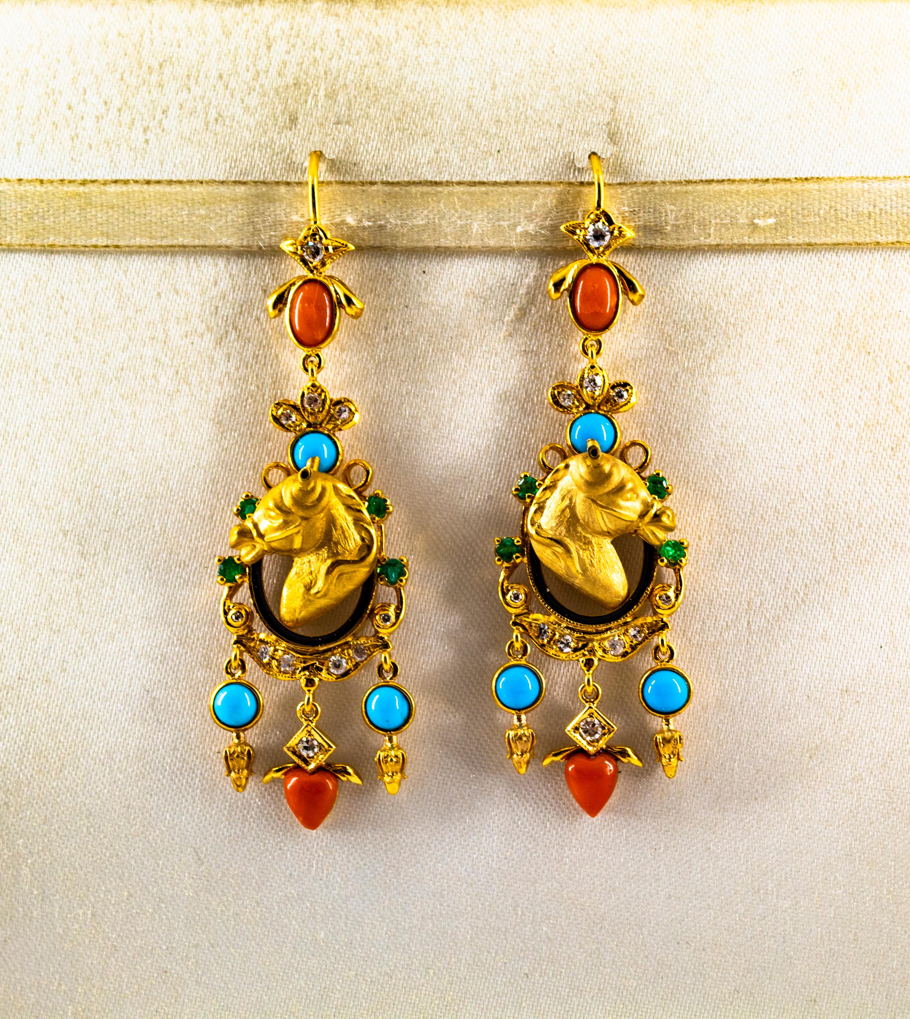 These Earrings are made of 14K Yellow Gold.
These Earrings have 0.40 Carats of White Modern Round Cut Diamonds.
These Earrings have 0.30 Carats of Emeralds.
These Earrings have also Mediterranean (Sardinia, Italy) Red Coral, Turquoise and