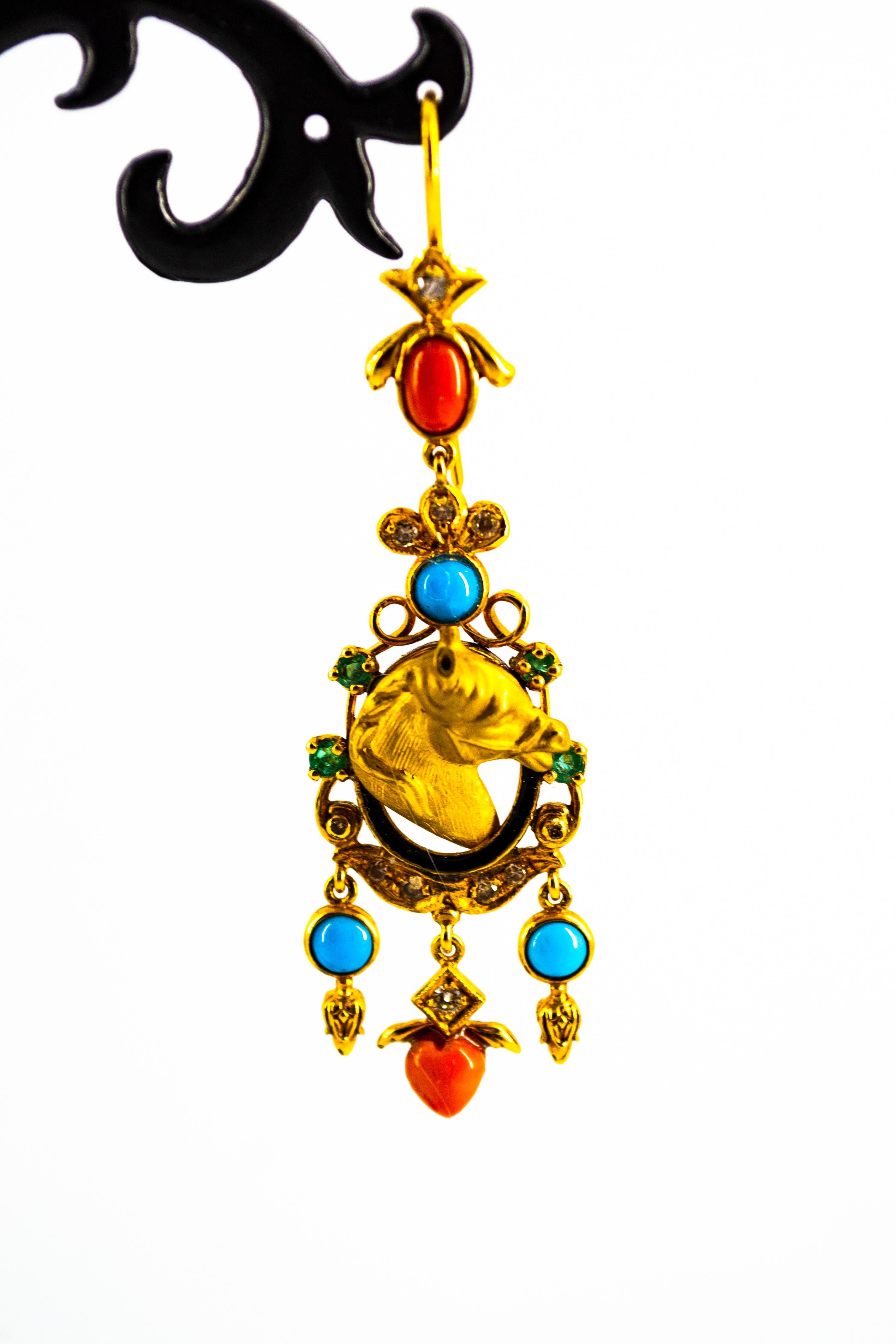 Art Nouveau 0.70 Carat White Diamond Emerald Coral Turquoise Yellow Gold Horse Drop Earrings