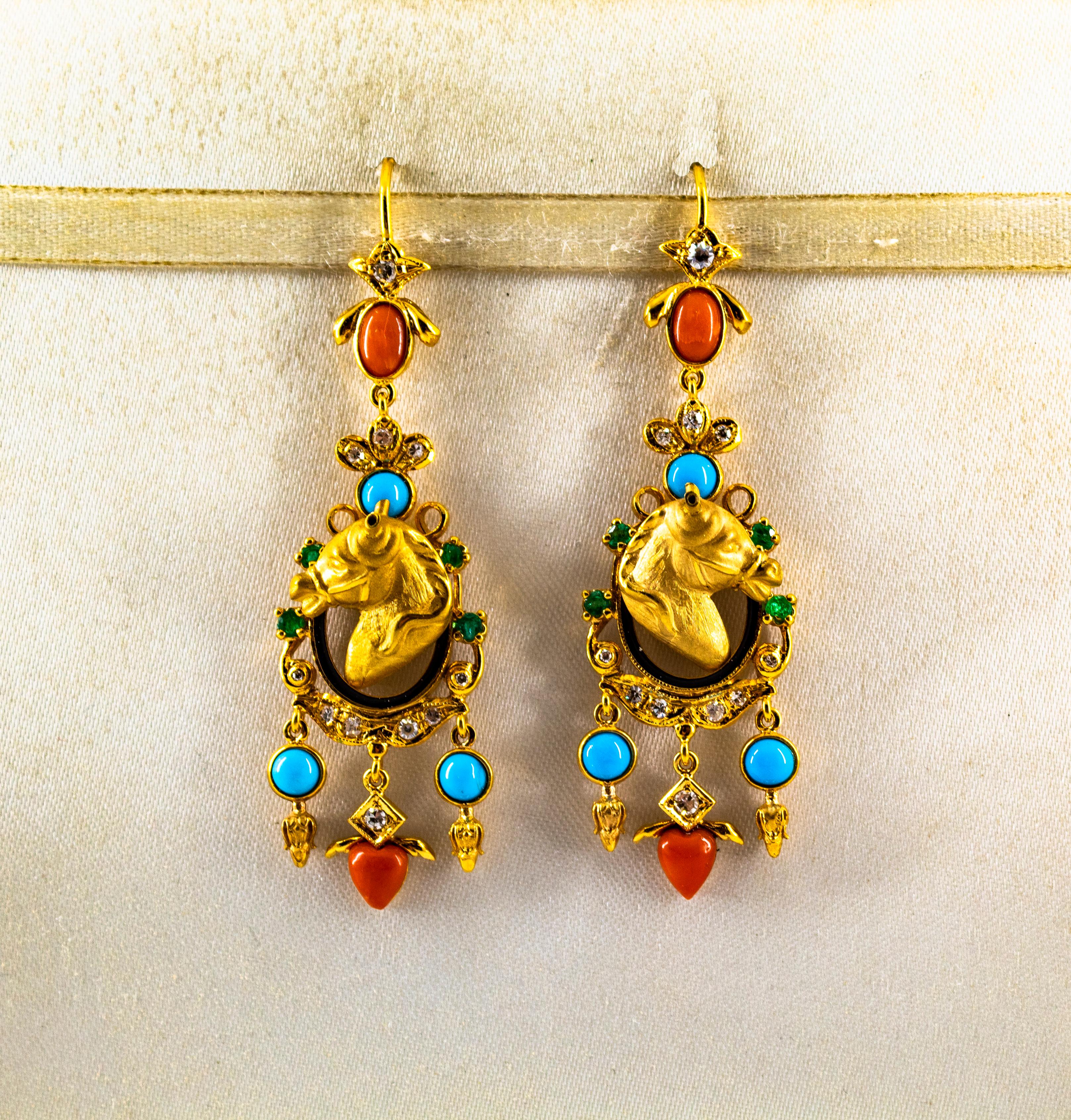 Art Nouveau 0.70 Carat White Diamond Emerald Coral Turquoise Yellow Gold Horse Drop Earrings