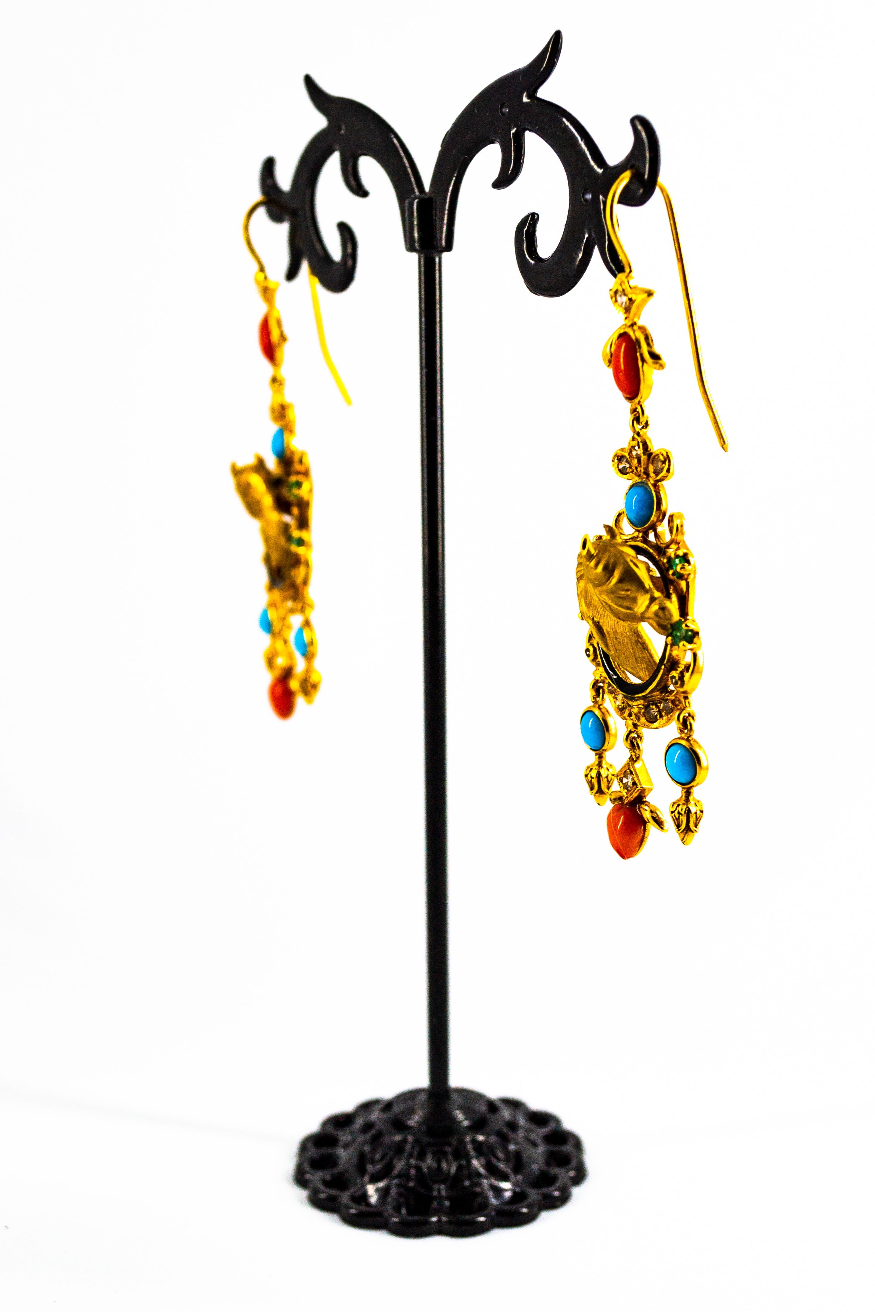 0.70 Carat White Diamond Emerald Coral Turquoise Yellow Gold Horse Drop Earrings In New Condition In Naples, IT