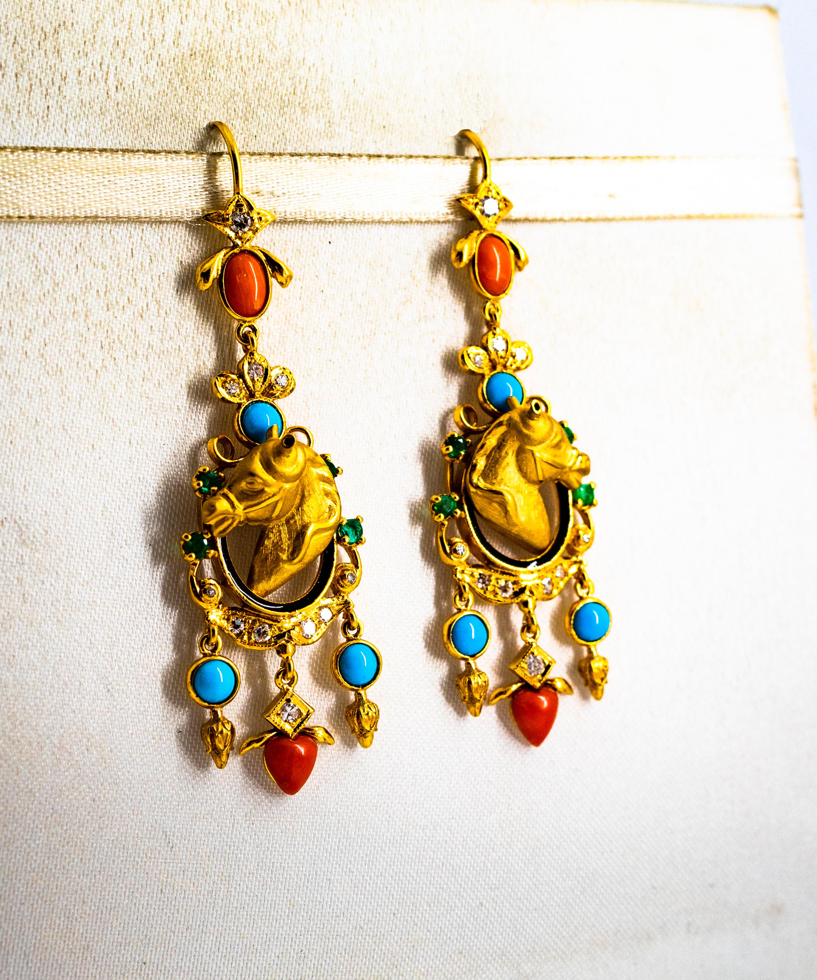 0.70 Carat White Diamond Emerald Coral Turquoise Yellow Gold Horse Drop Earrings In New Condition In Naples, IT