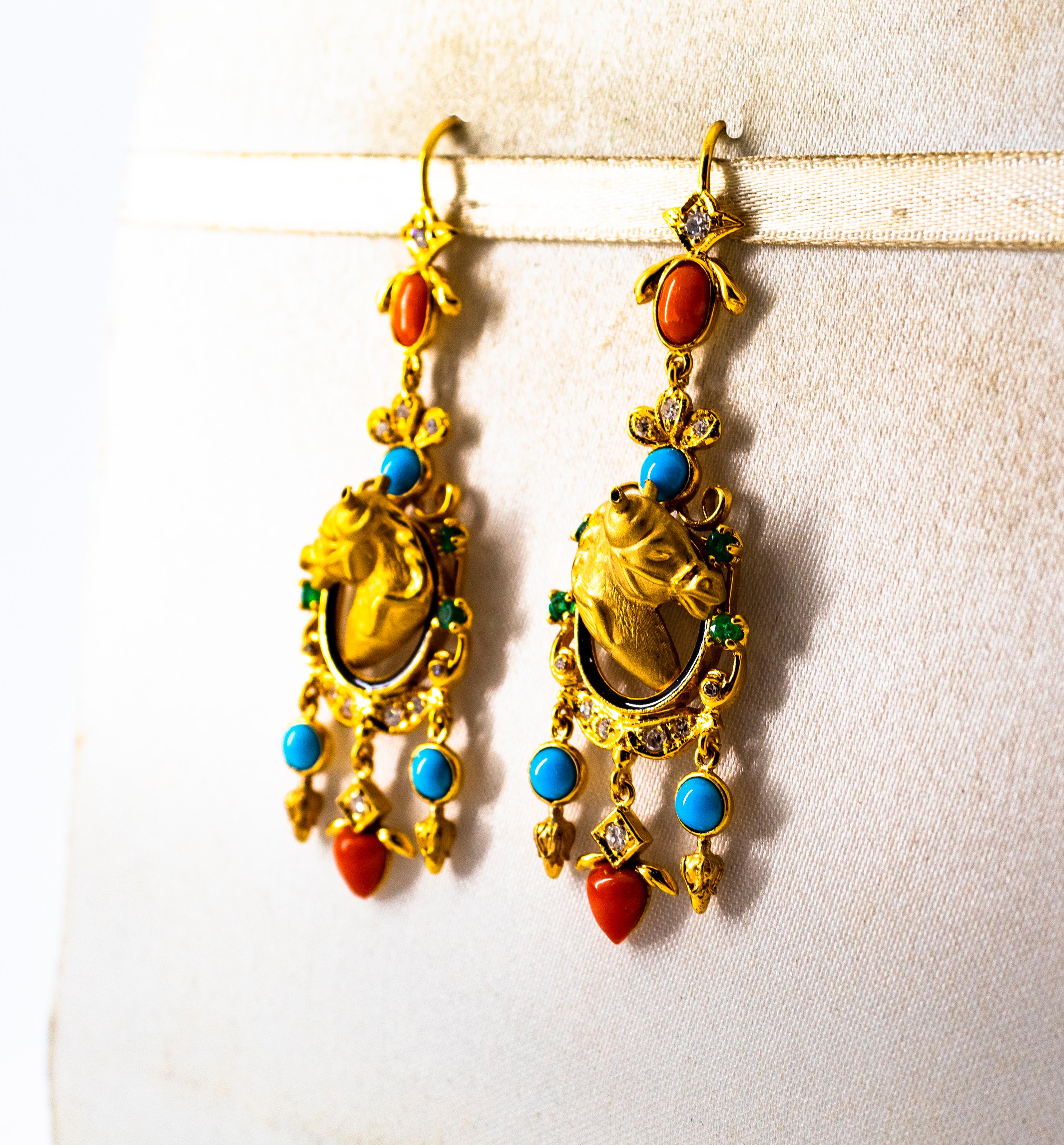 Women's or Men's 0.70 Carat White Diamond Emerald Coral Turquoise Yellow Gold Horse Drop Earrings