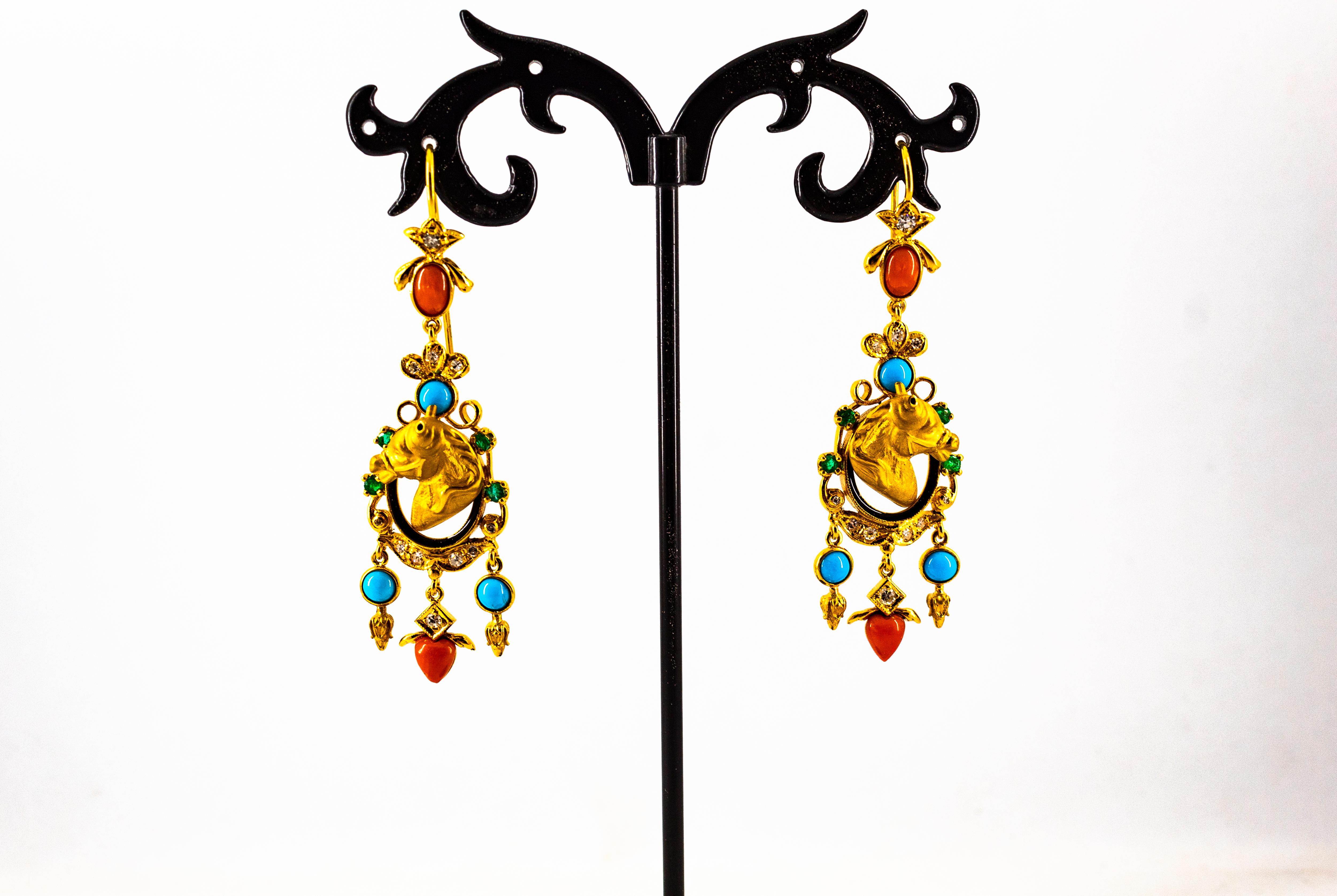 0.70 Carat White Diamond Emerald Coral Turquoise Yellow Gold Horse Drop Earrings 1