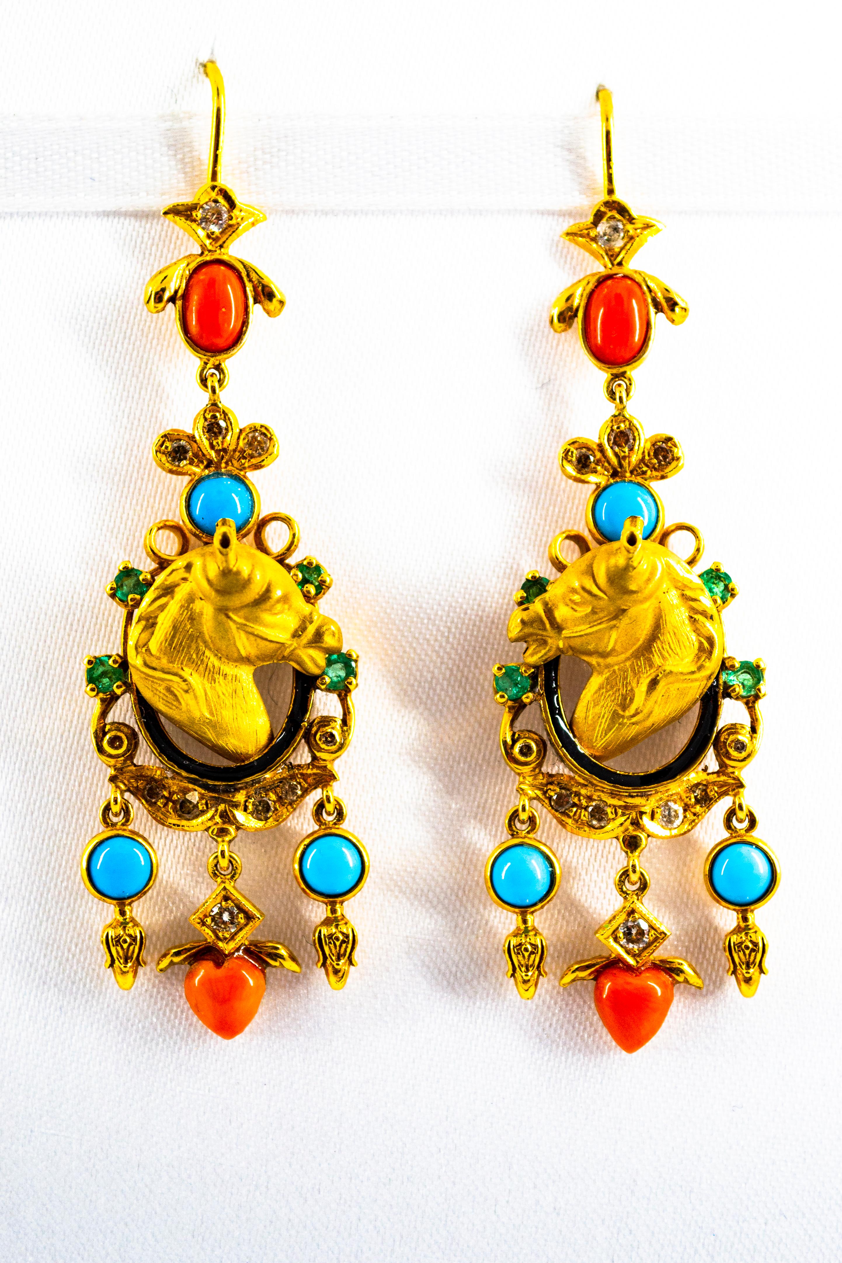 0.70 Carat White Diamond Emerald Coral Turquoise Yellow Gold Horse Drop Earrings 2